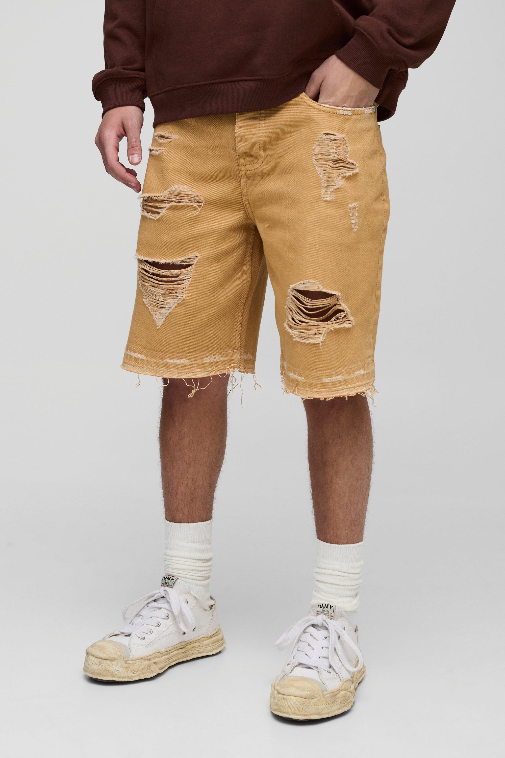 Mens Brown Relaxed Fit Ripped Overdye Denim Shorts, Brown