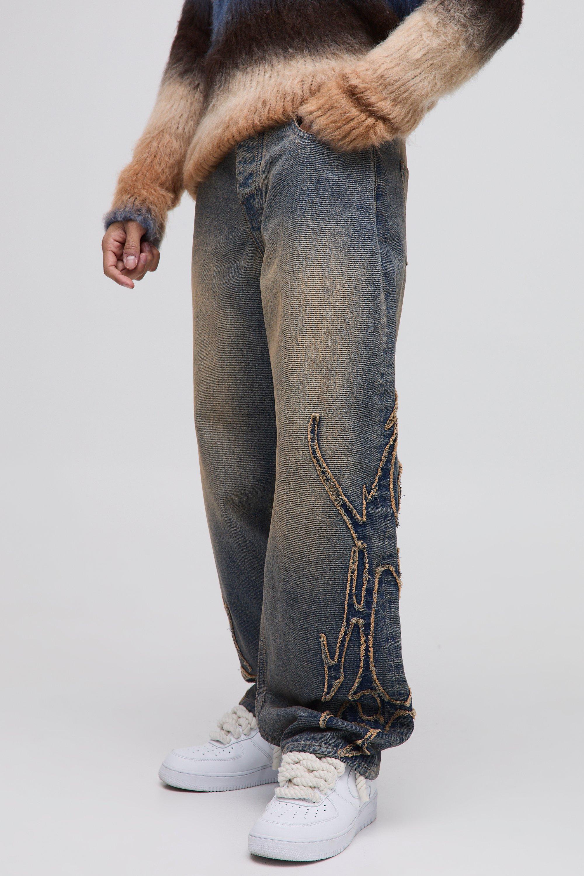 Boohoo Gebleekte Baggy Stenen Tribal Jeans, Stonewash
