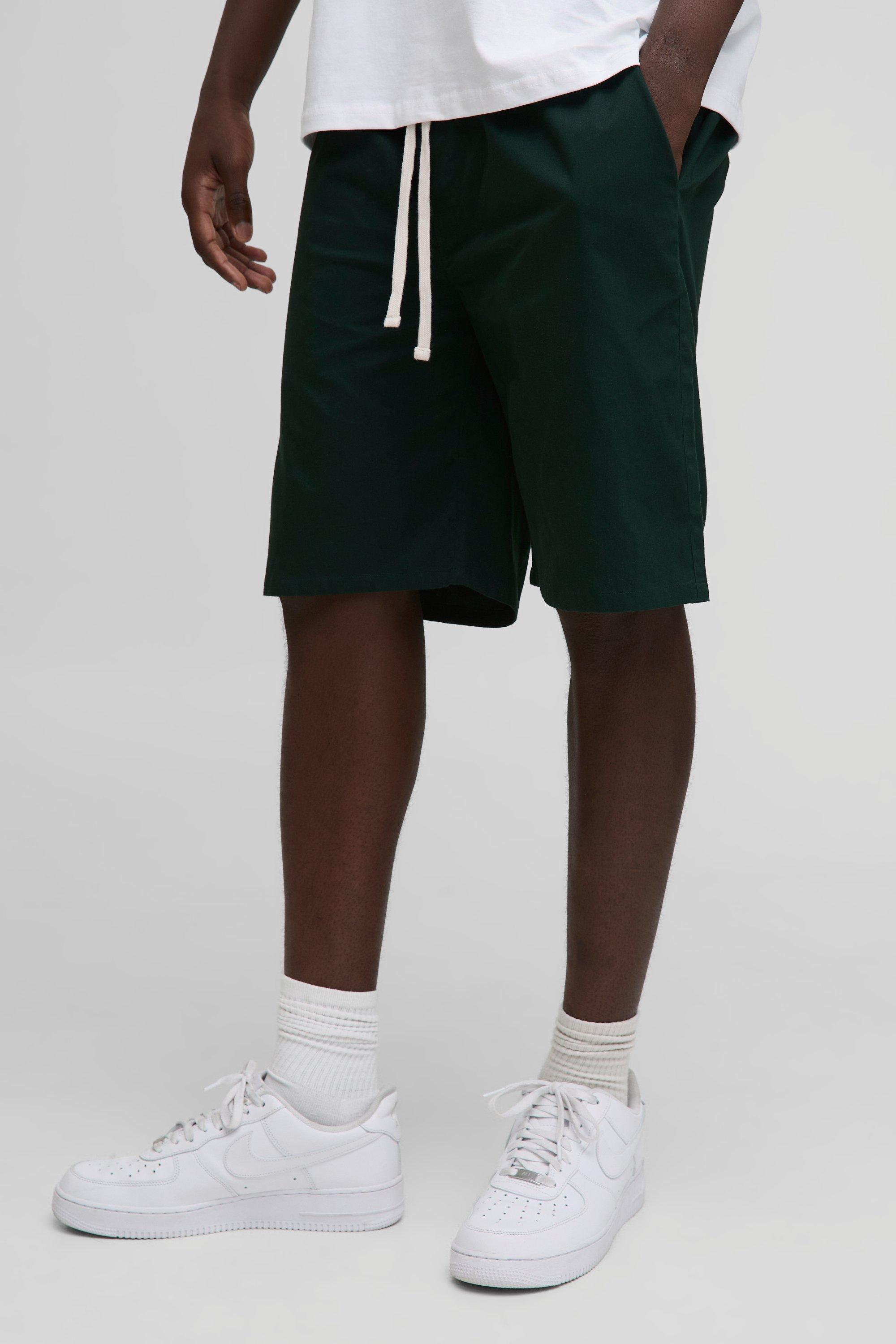 Mens Green Elasticated Waist Relaxed Long Length Cotton Twill Short, Green