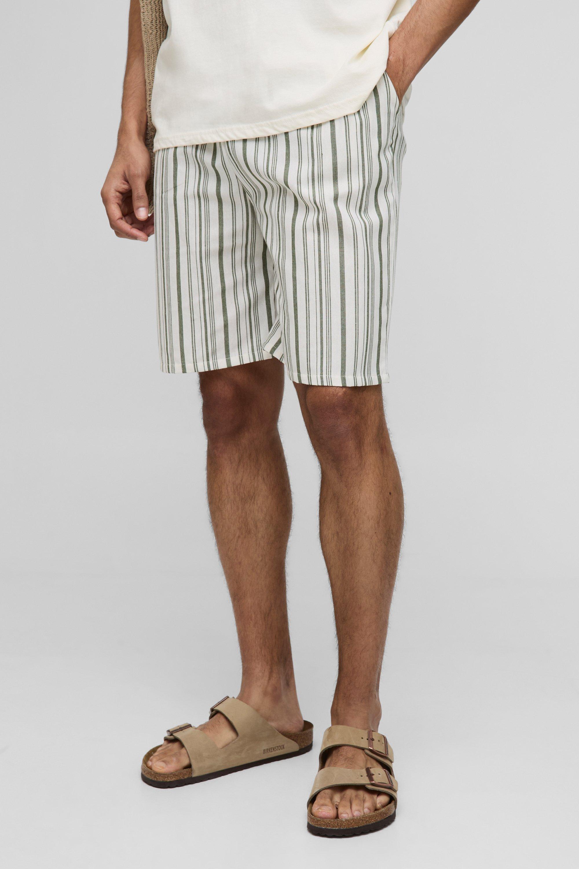 Mens Green Elasticated Waist Relaxed Short Length Striped Linen Look Shorts, Green
