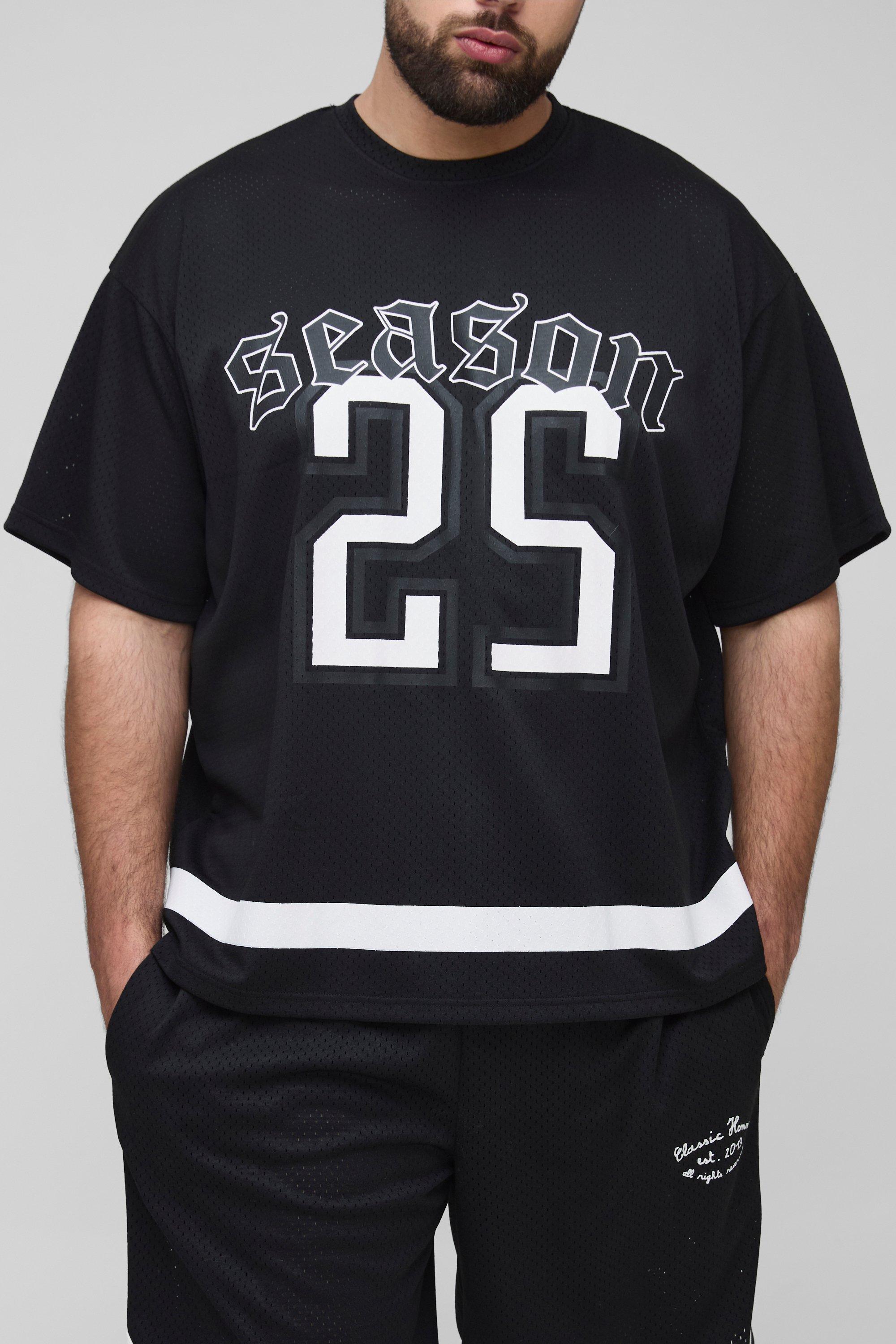 Mens Black Plus Star Varsity Mesh Oversized T-Shirt, Black