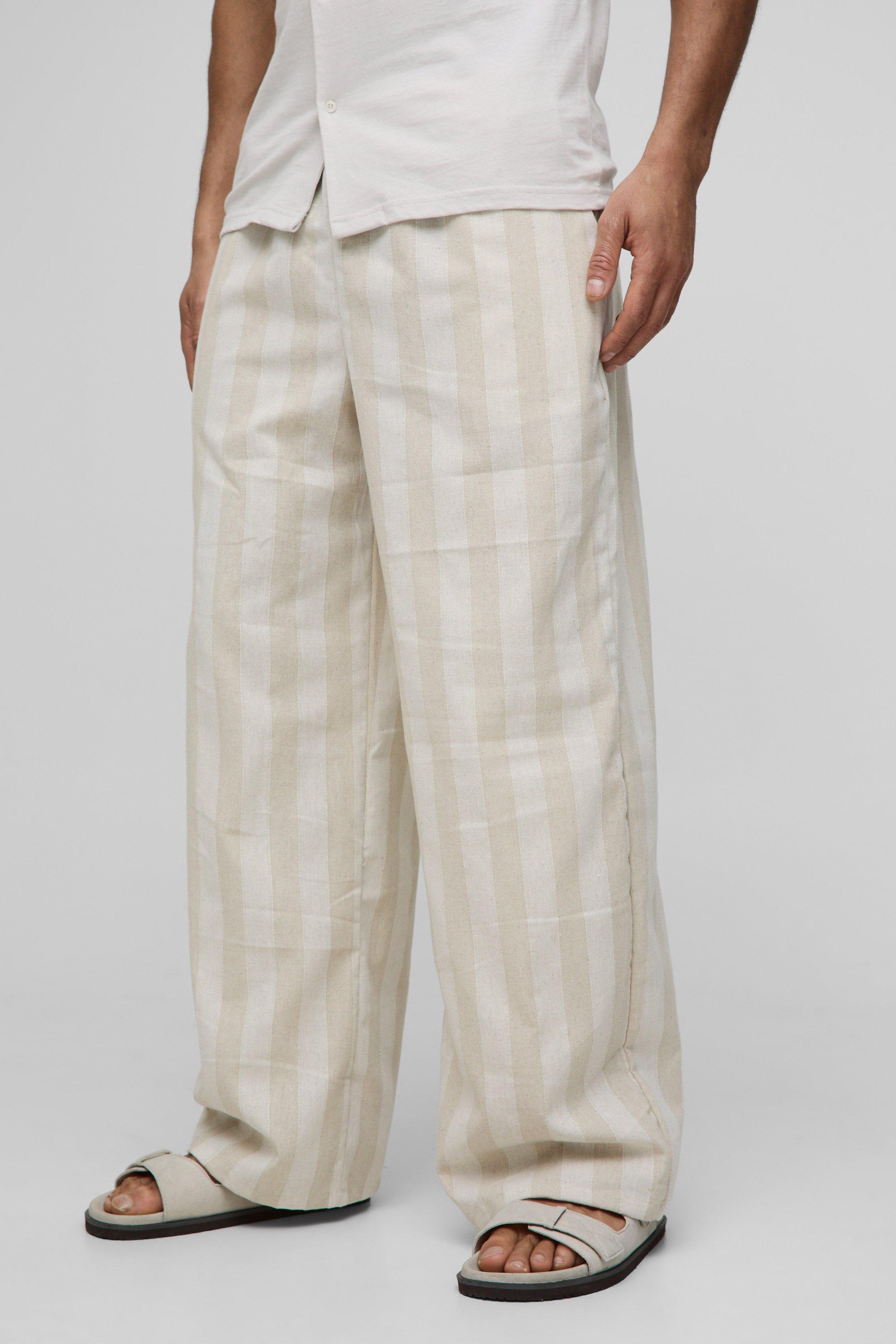 Mens Cream Elasticated Waist Wide Leg Stripe Linen Look Trousers, Cream