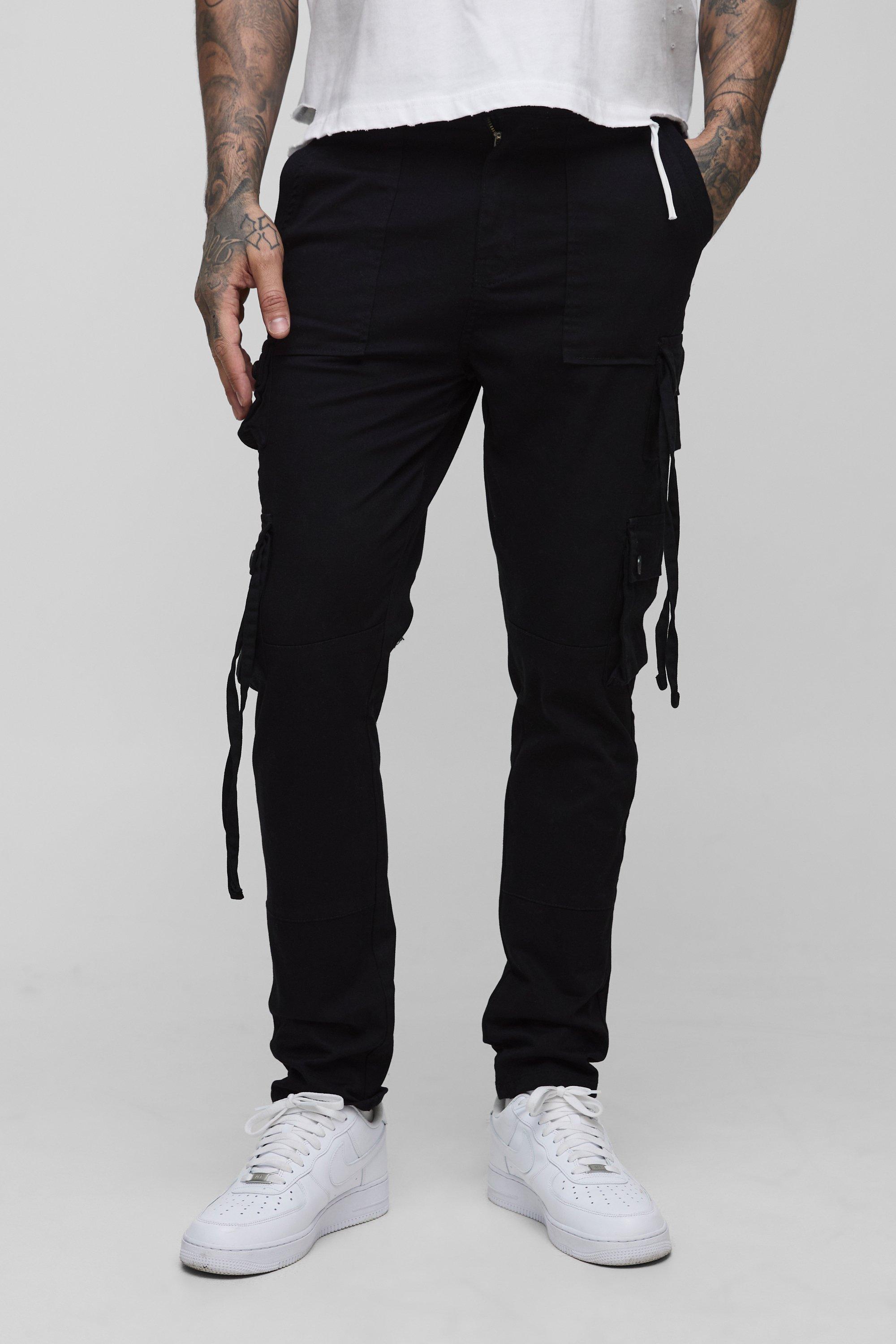 Mens Black Tall Fixed Waist Multi Cargo Strap Detail Skinny Cargo Trousers, Black