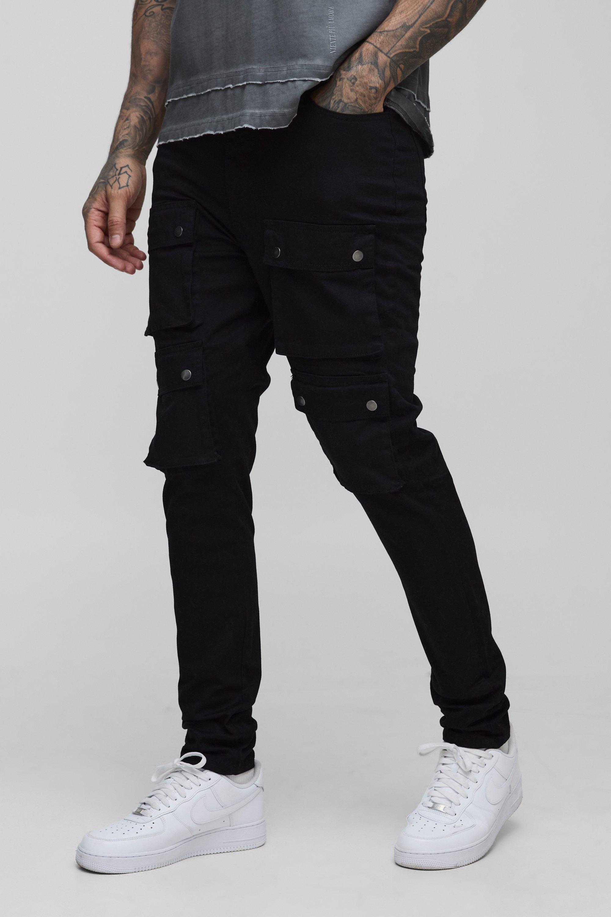 Mens Black Tall Fixed Waist Multi Cargo Skinny Cargo Trousers, Black