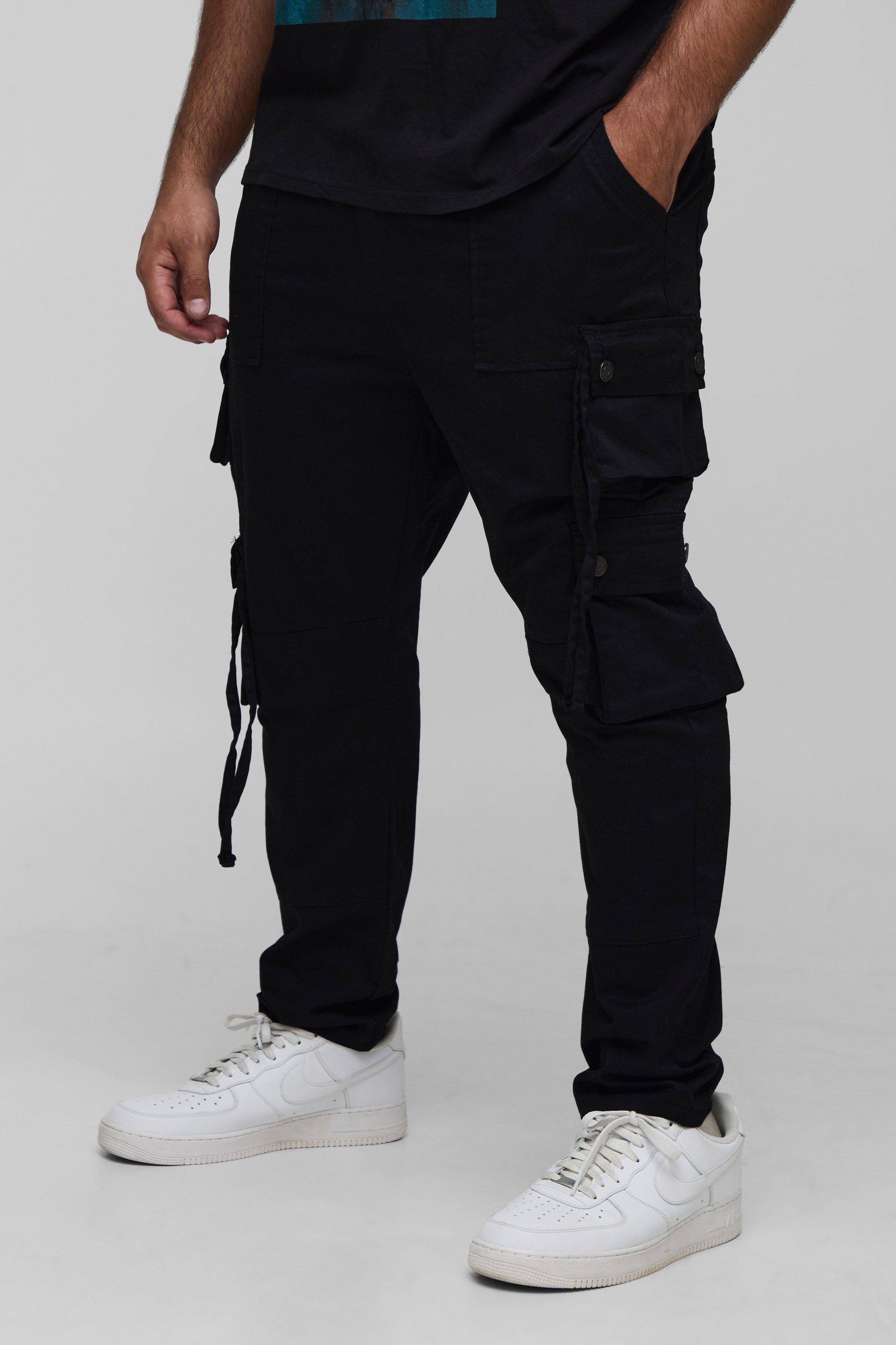 Mens Black Plus Fixed Waist Multi Cargo Strap Detail Skinny Cargo Trousers, Black