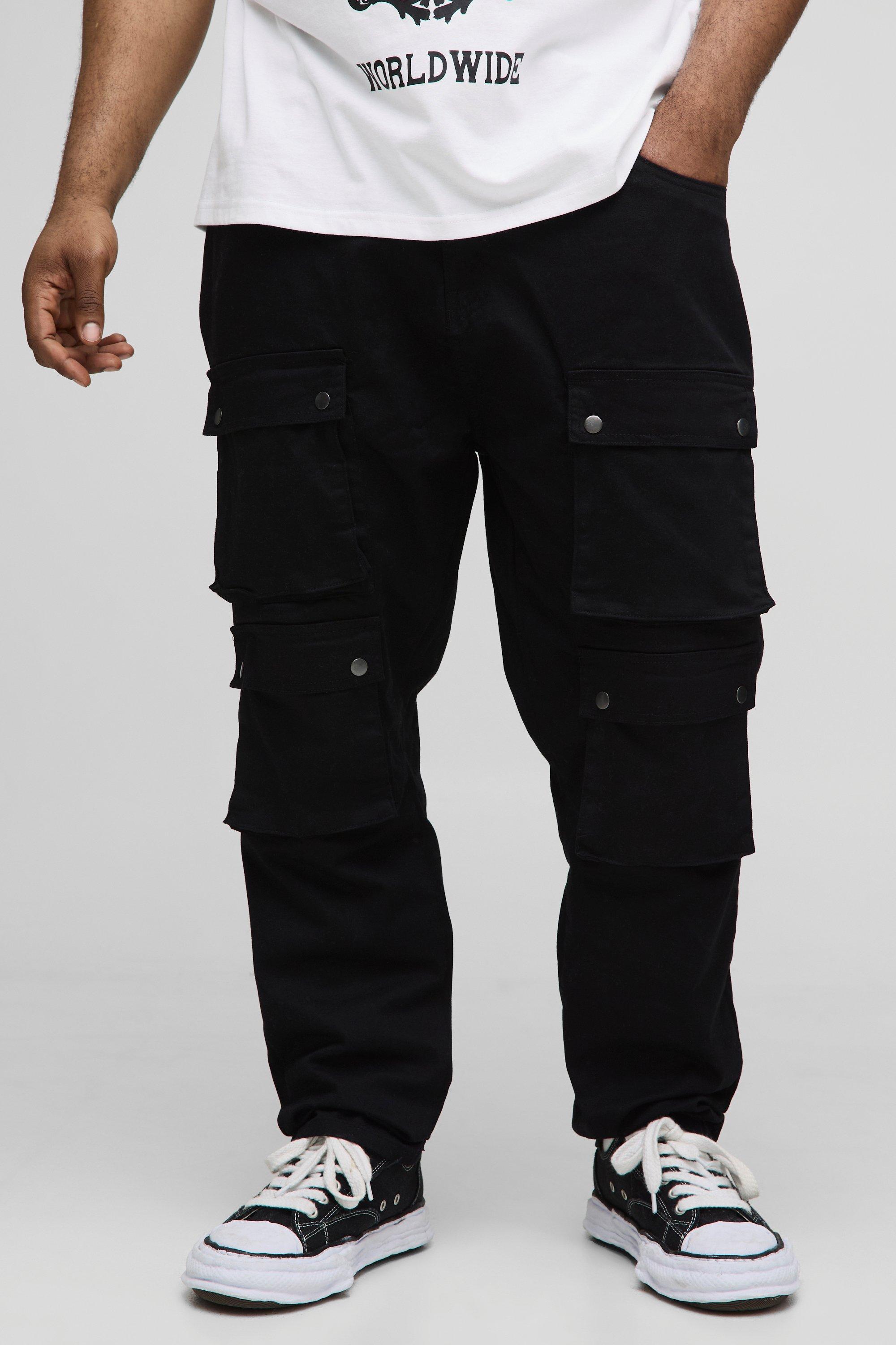 Mens Black Plus Fixed Waist Multi Cargo Skinny Cargo Trousers, Black