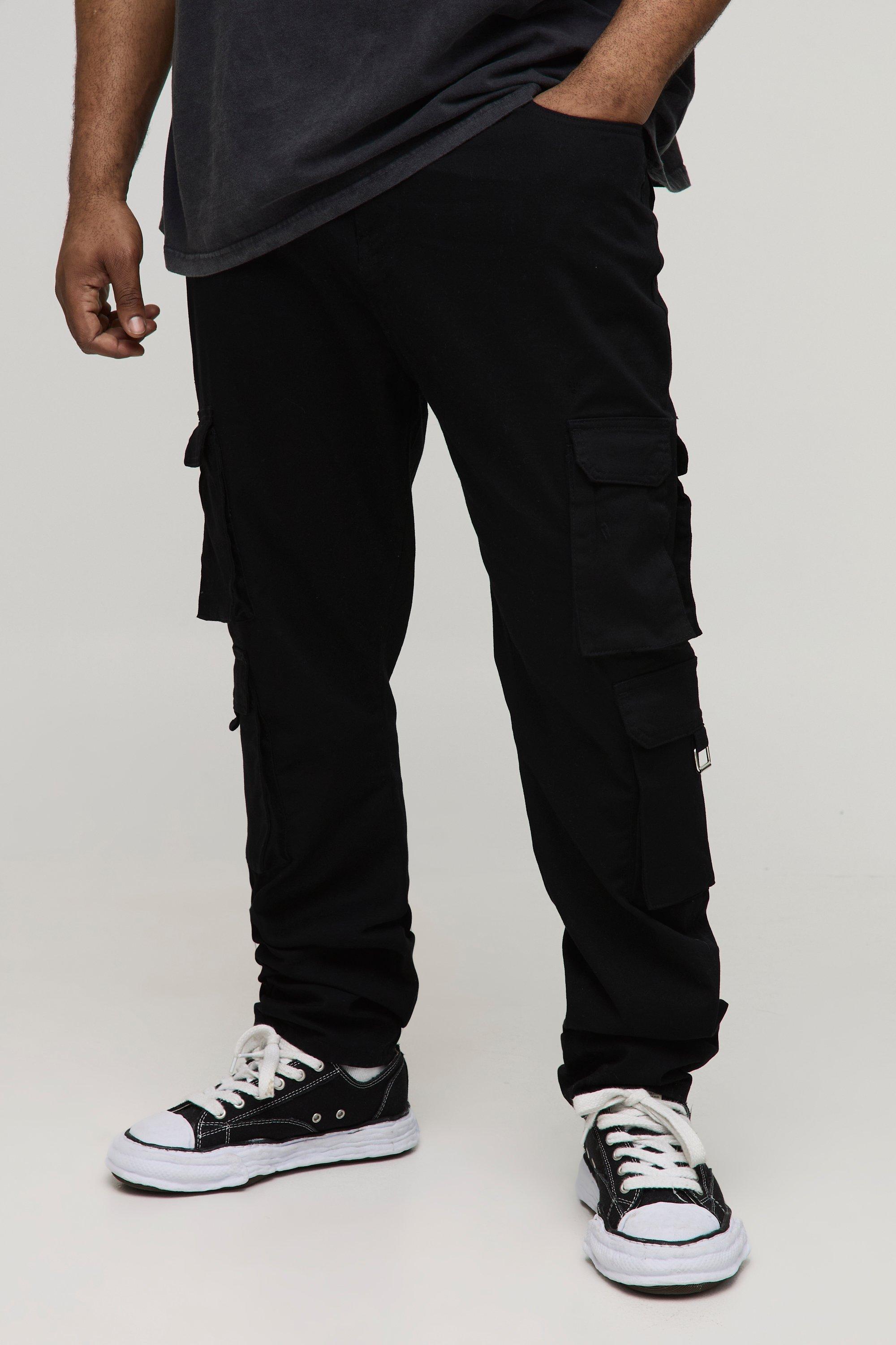 Mens Black Plus Fixed Waist Multi Cargo Stacked Skinny Cargo Trousers, Black
