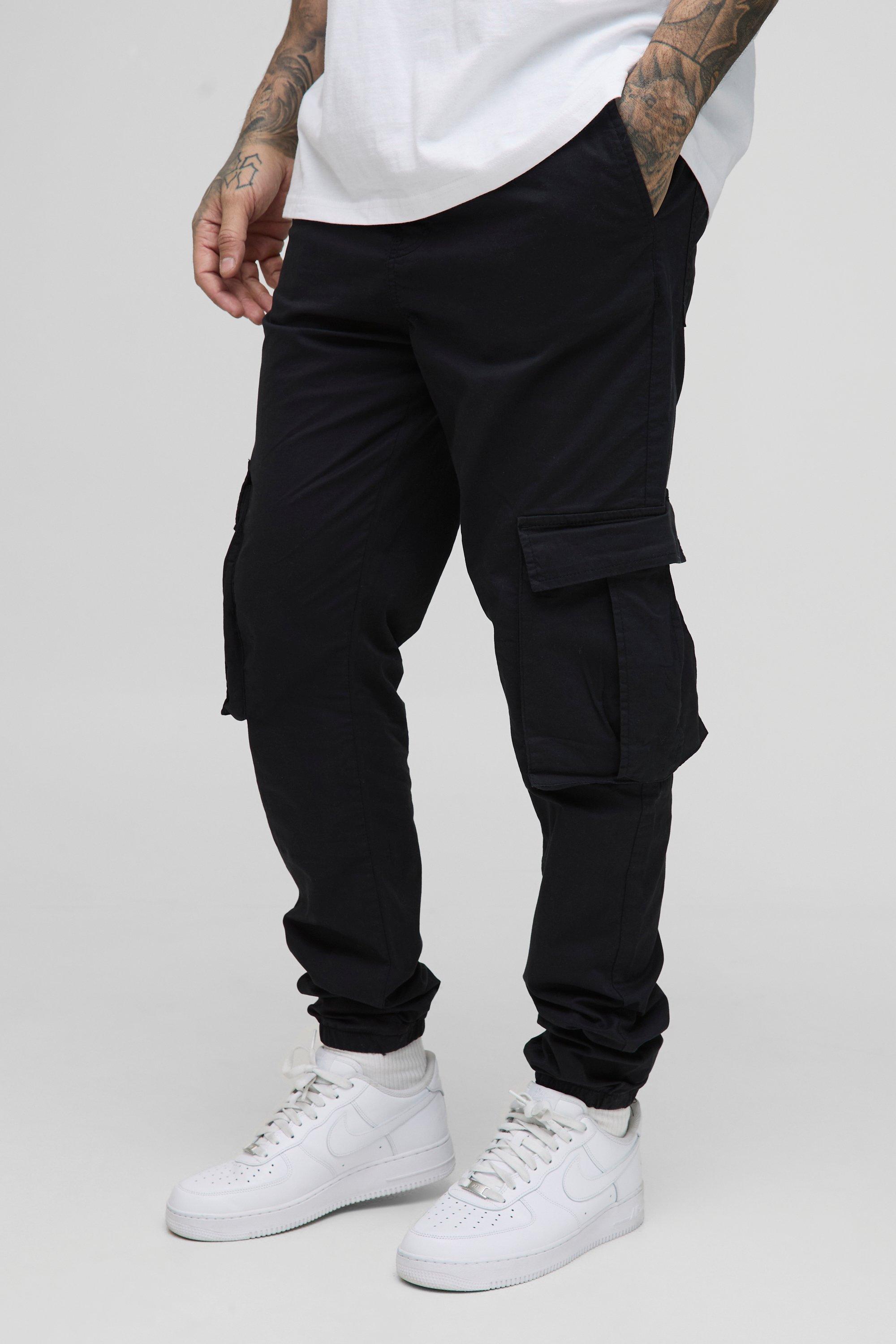 Mens Black Tall Elasticated Waist Branded Cargo Joggers, Black
