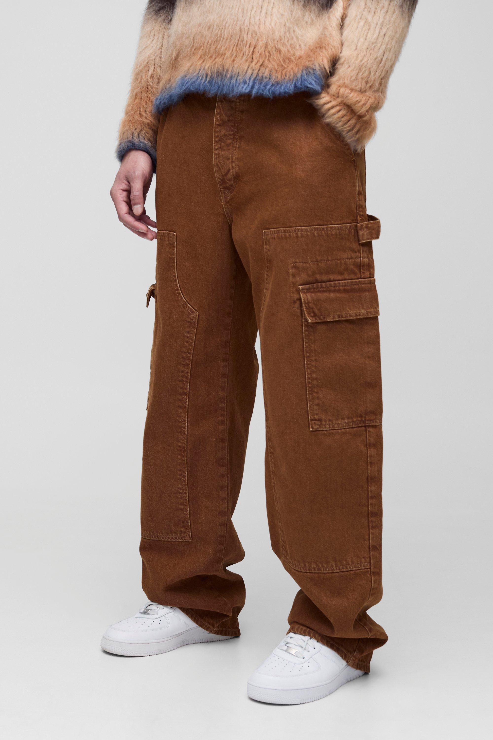 Mens Brown Tall Relaxed Fit Carpenter Cargo Jeans, Brown