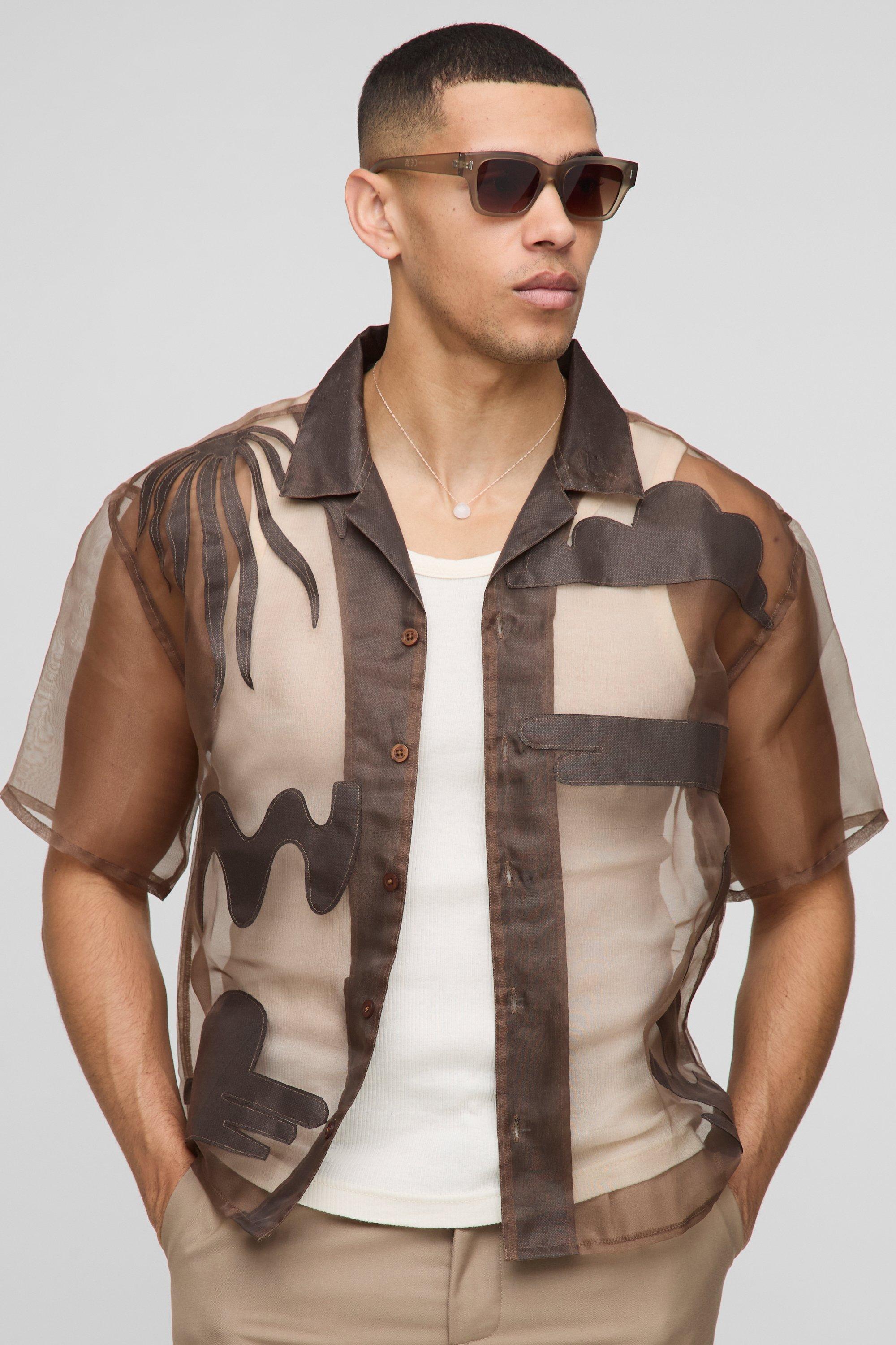 Image of Camicia squadrata oversize a maniche corte con applique in organza, Brown