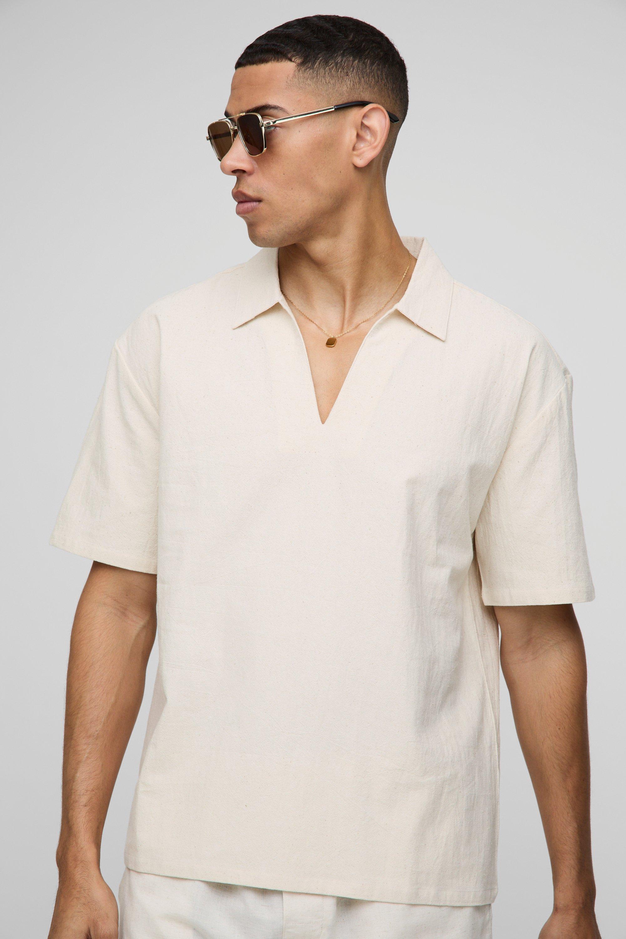 Mens Cream Oversized Short Sleeve V-Neck Crinkle Shirt, Cream