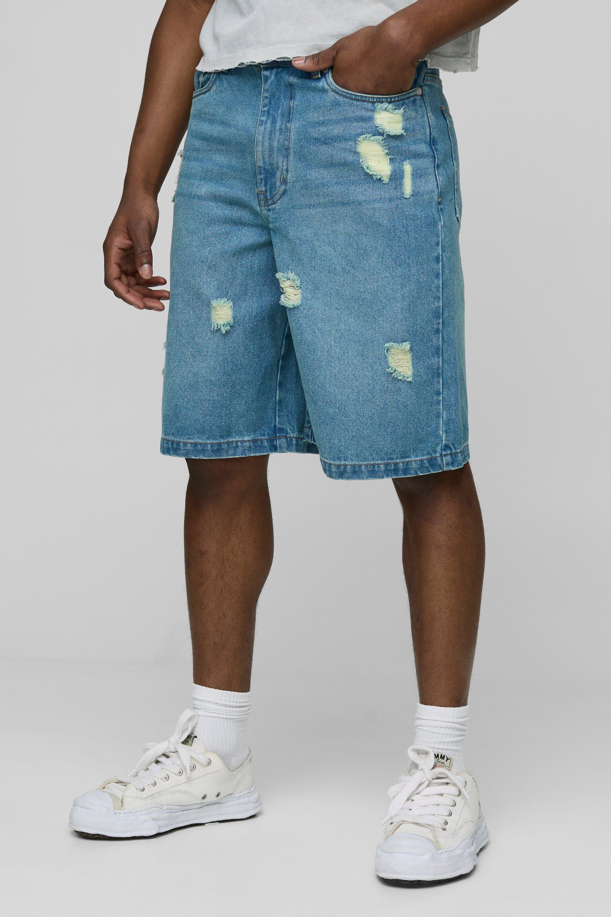 Mens Regular Antique Blue Washed Ripped Denim Jorts, Blue