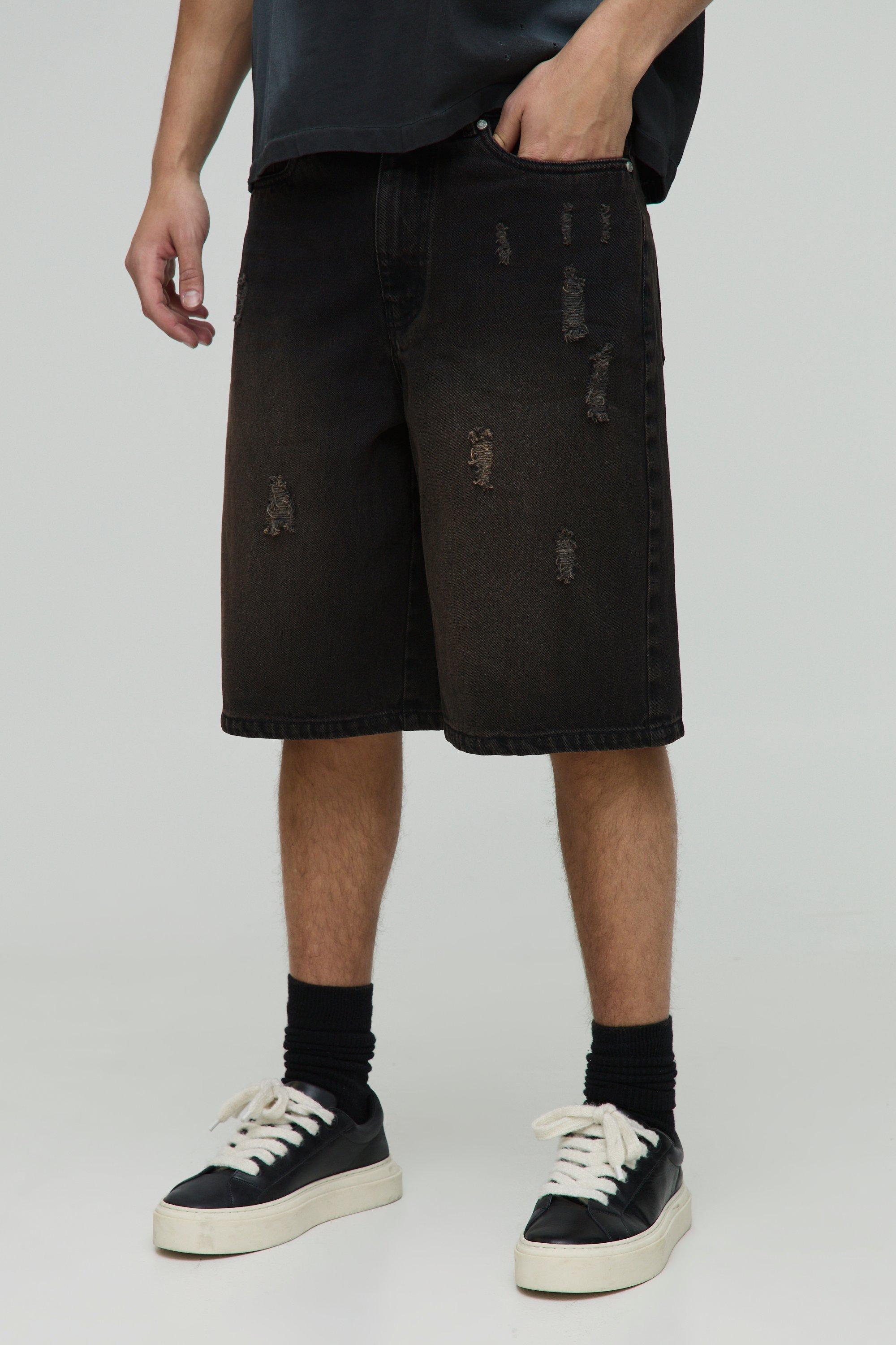 Mens Regular Brown Washed Ripped Denim Jorts, Brown