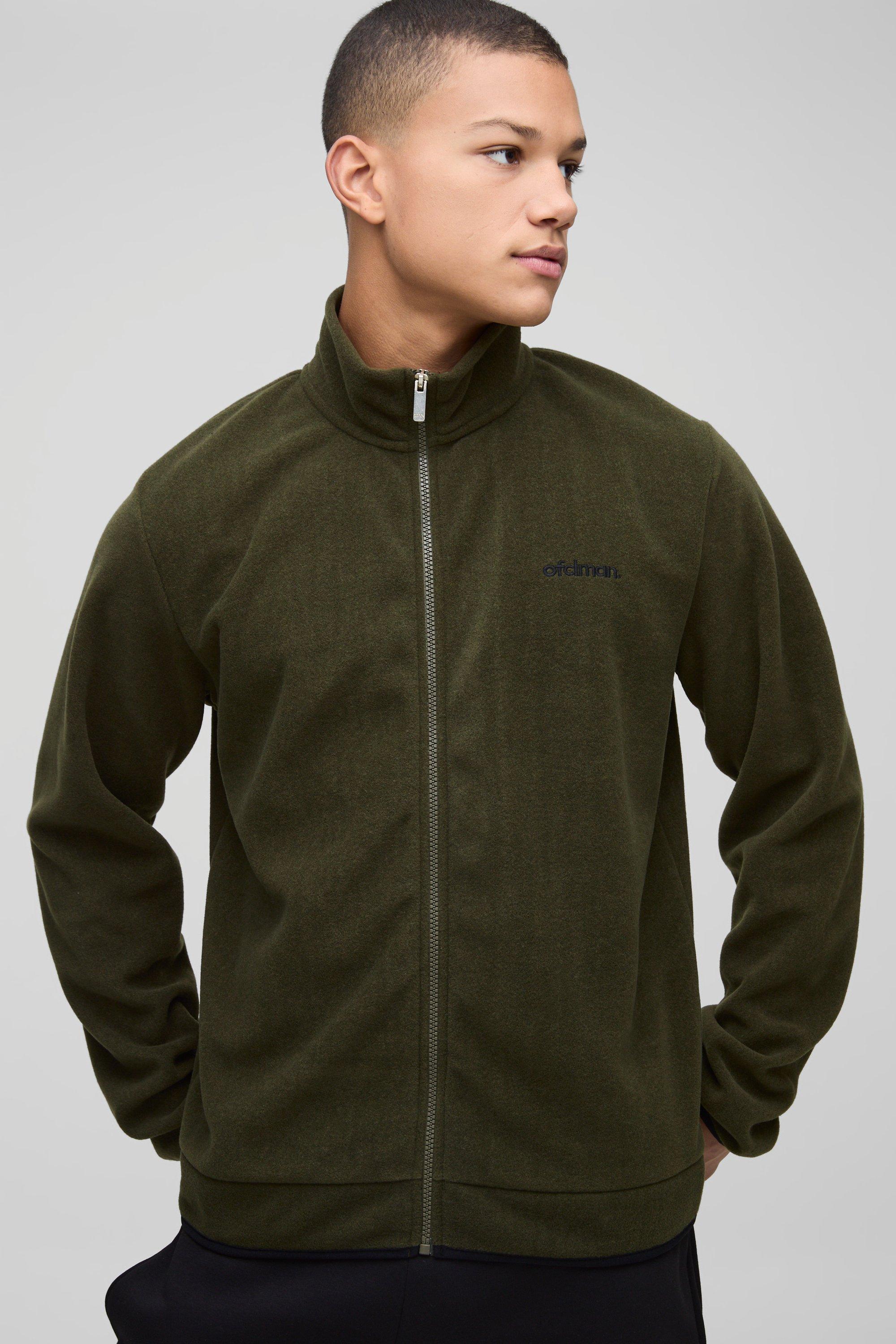 Mens Green Regular Fit Embroidered Polar Fleece Zip Through Track Jacket, Green