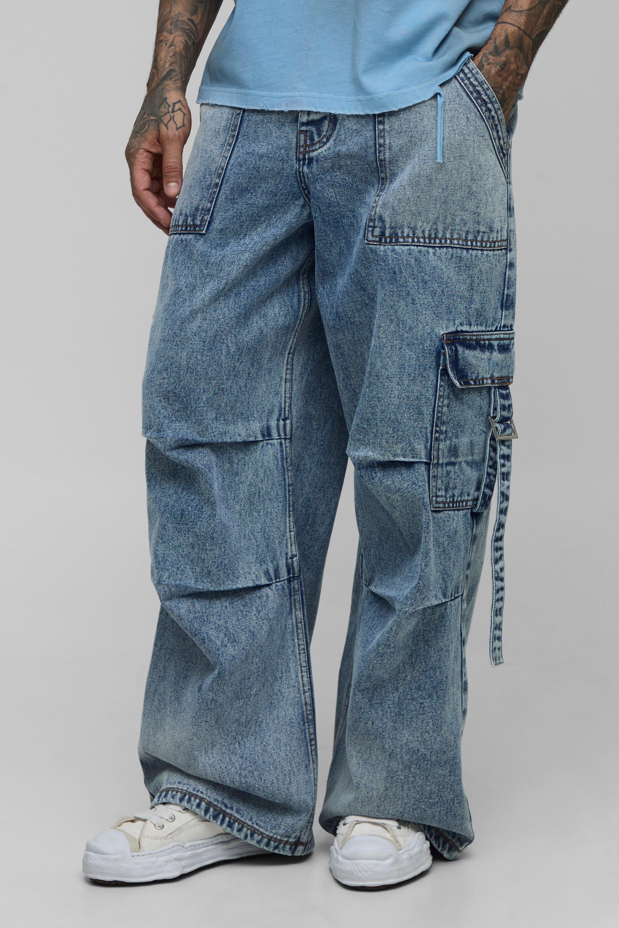 Boohoo Tall Geplooide Parachute Cargo Jeans, Mid Wash