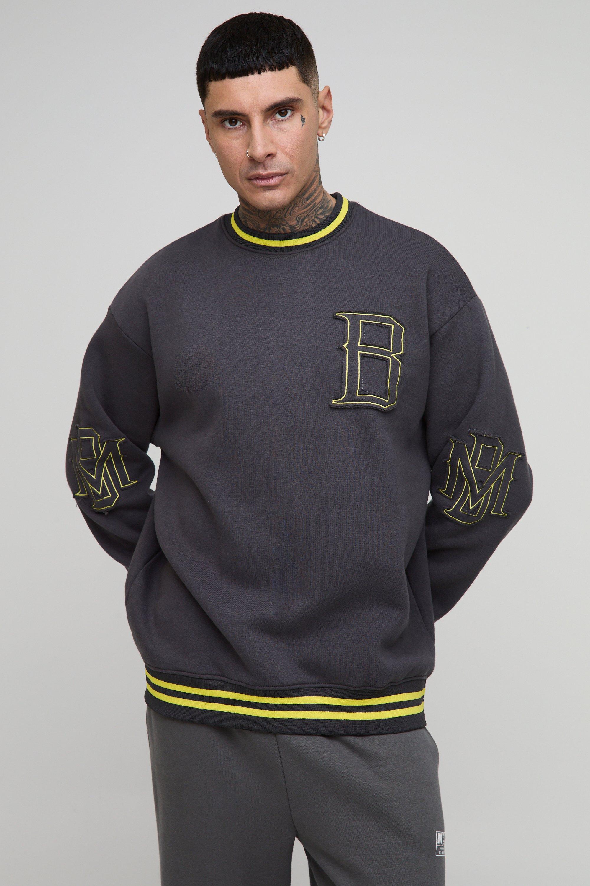 Mens Navy Tall Oversized BM Varsity Applique Crew Neck Sweatshirt, Navy
