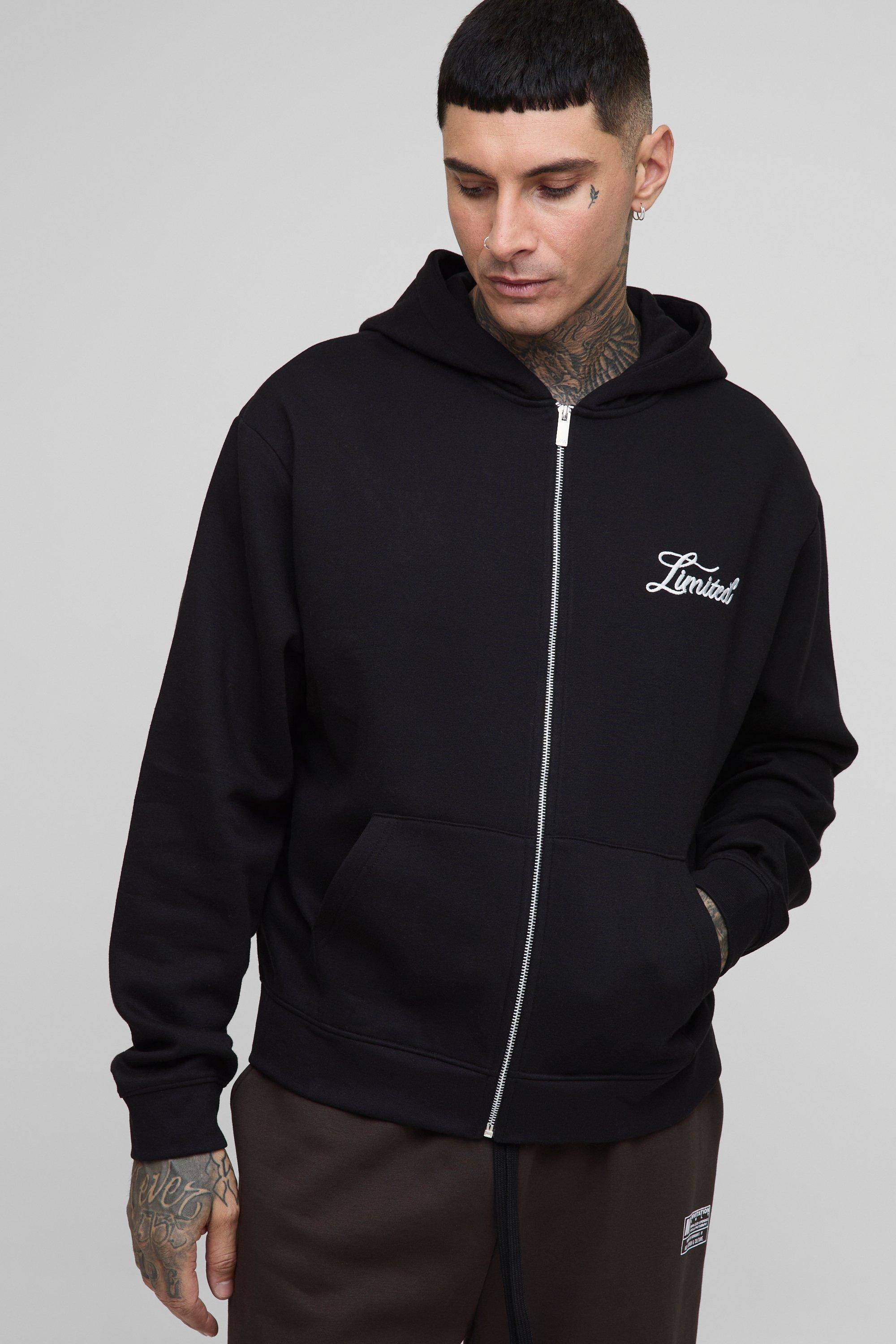 Mens Black Tall Limited Boxy Fit Zip Through Hoodie, Black