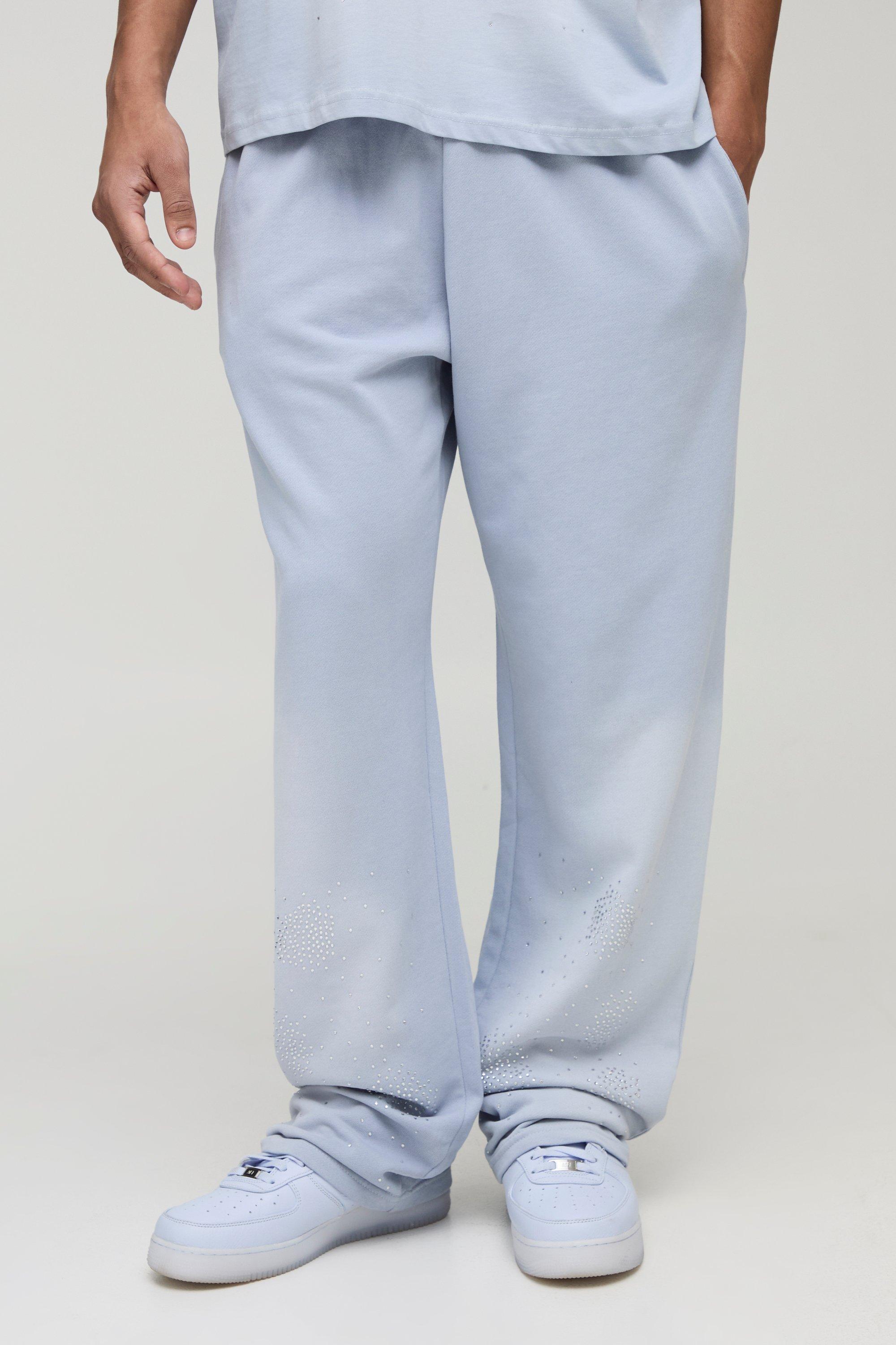 Mens Blue Relaxed Fit Washed Rhinestone Joggers, Blue