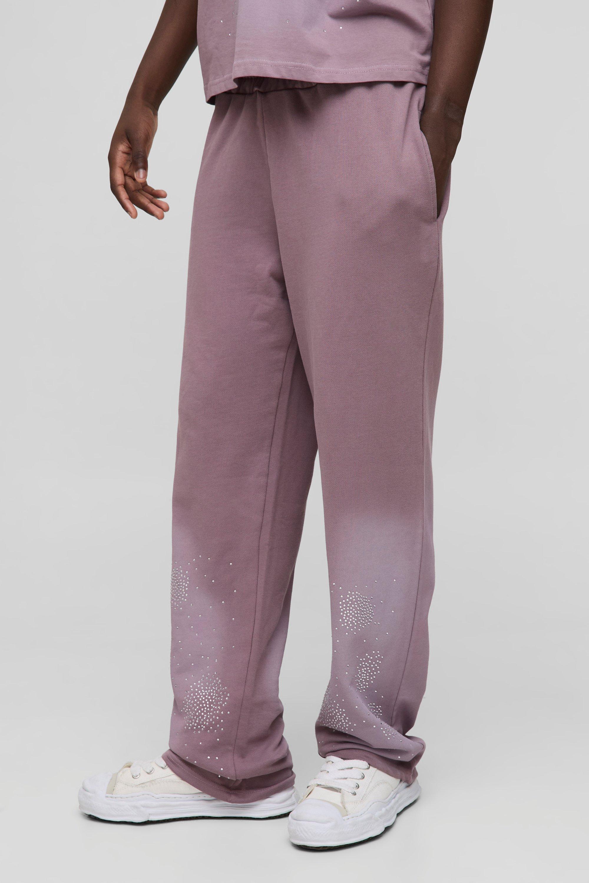 Mens Purple Relaxed Fit Washed Rhinestone Joggers, Purple
