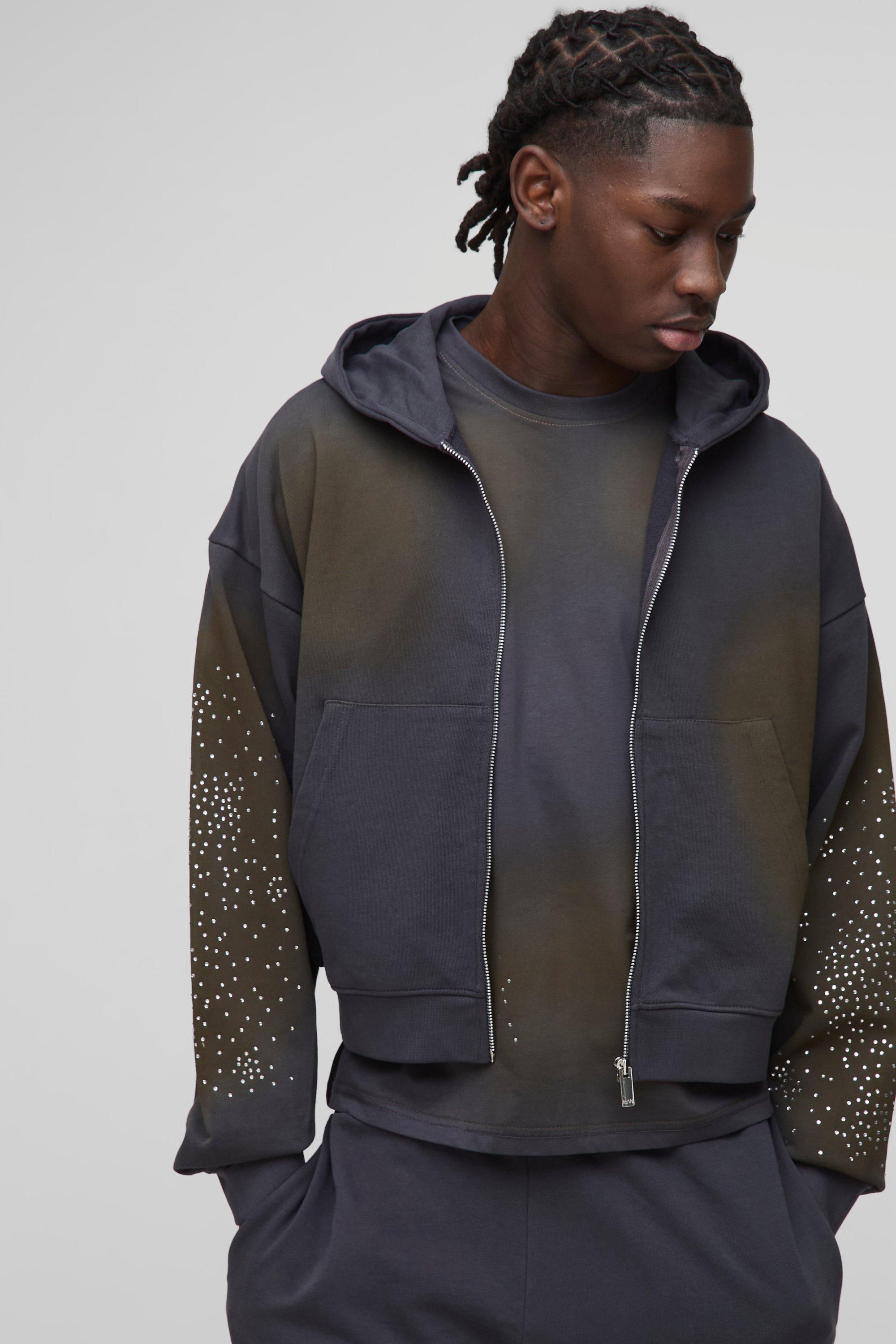 Mens Grey Shrunken Fit Washed Rhinestone Zip Through Hoodie, Grey