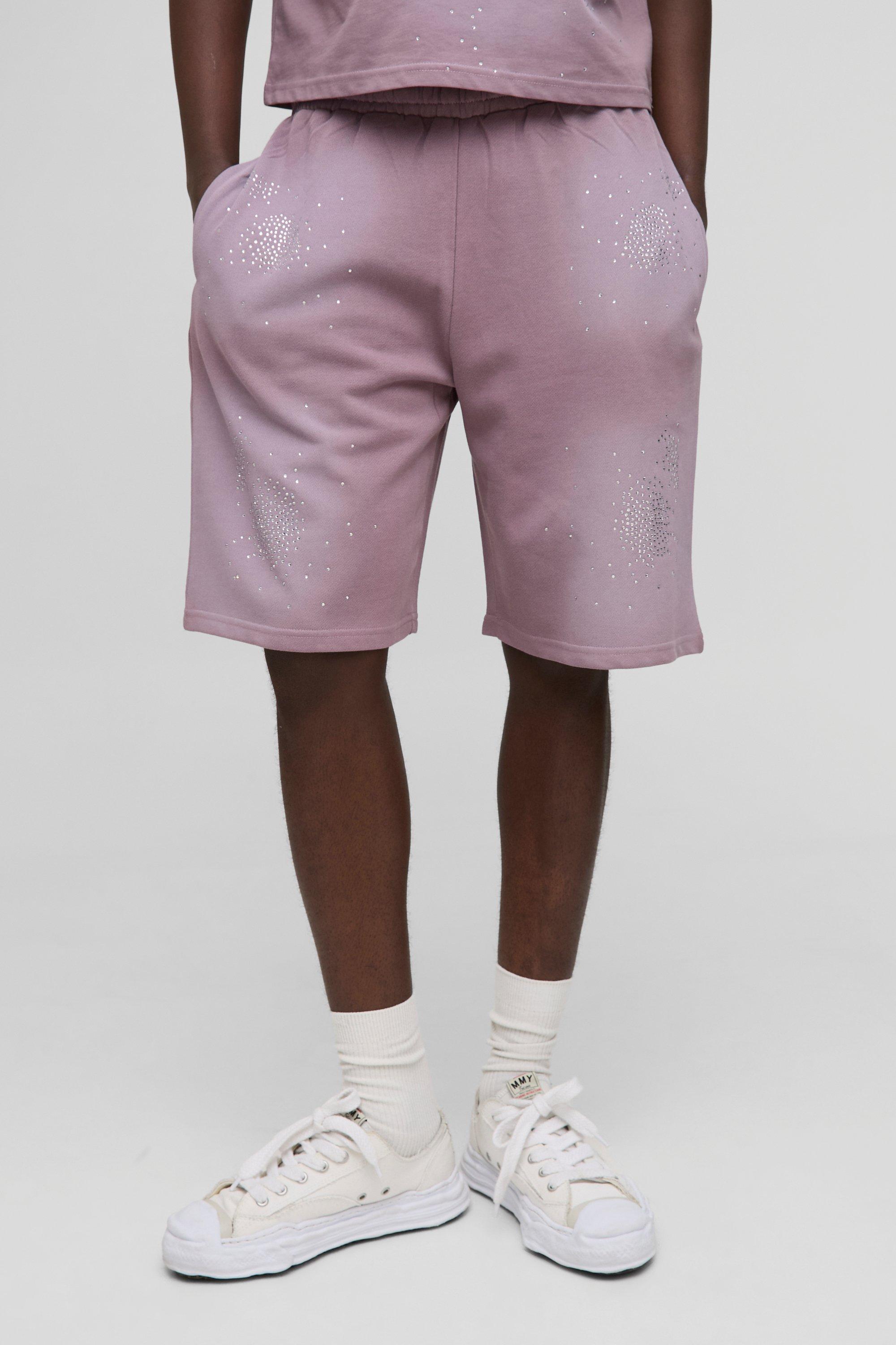 Mens Purple Oversized Washed Rhinestone Jersey Shorts, Purple