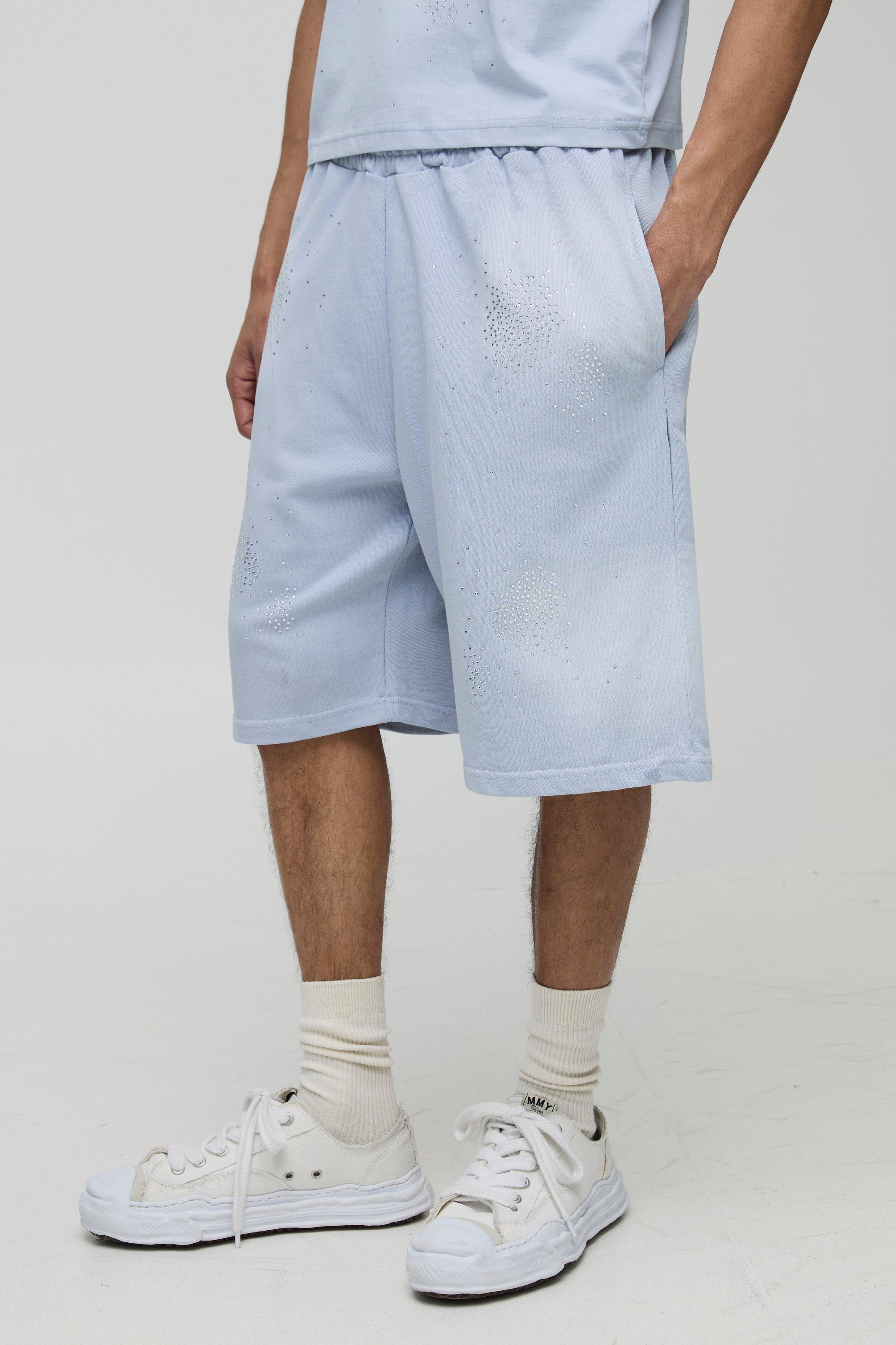 Mens Blue Oversized Washed Rhinestone Jersey Shorts, Blue