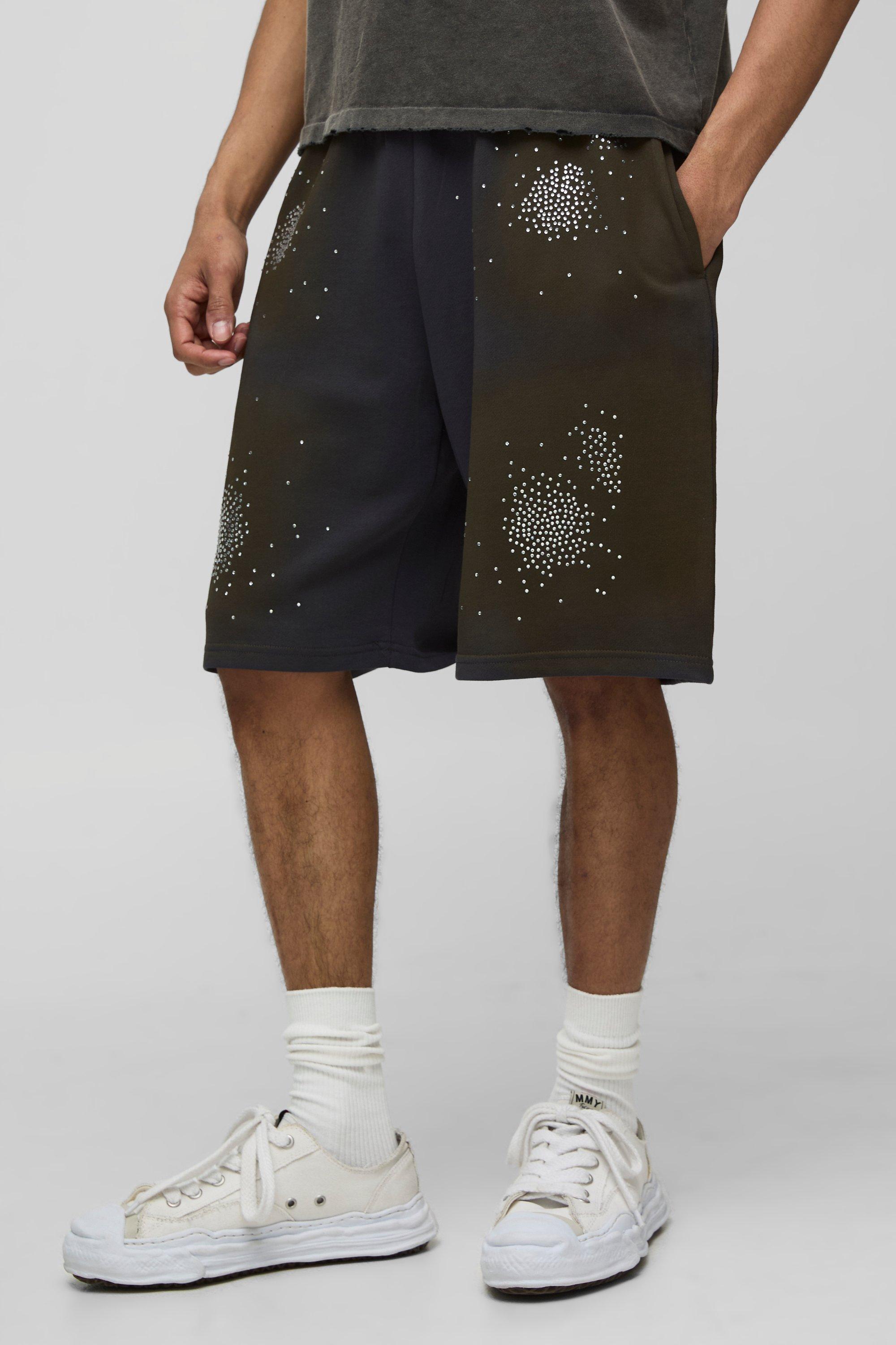 Mens Grey Oversized Washed Rhinestone Jersey Shorts, Grey