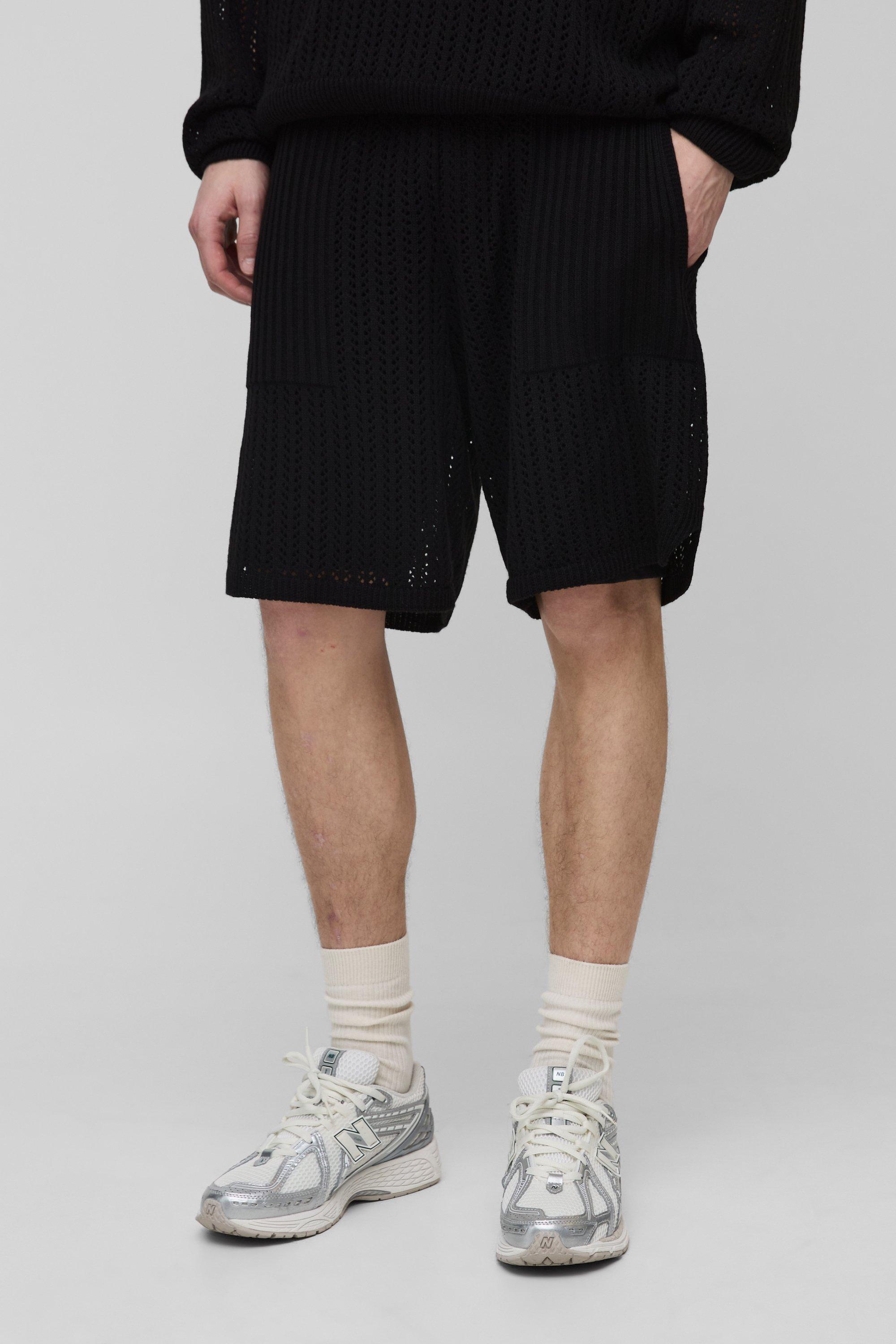 Mens Black Tall Open Stitch Relaxed Basketball Shorts, Black