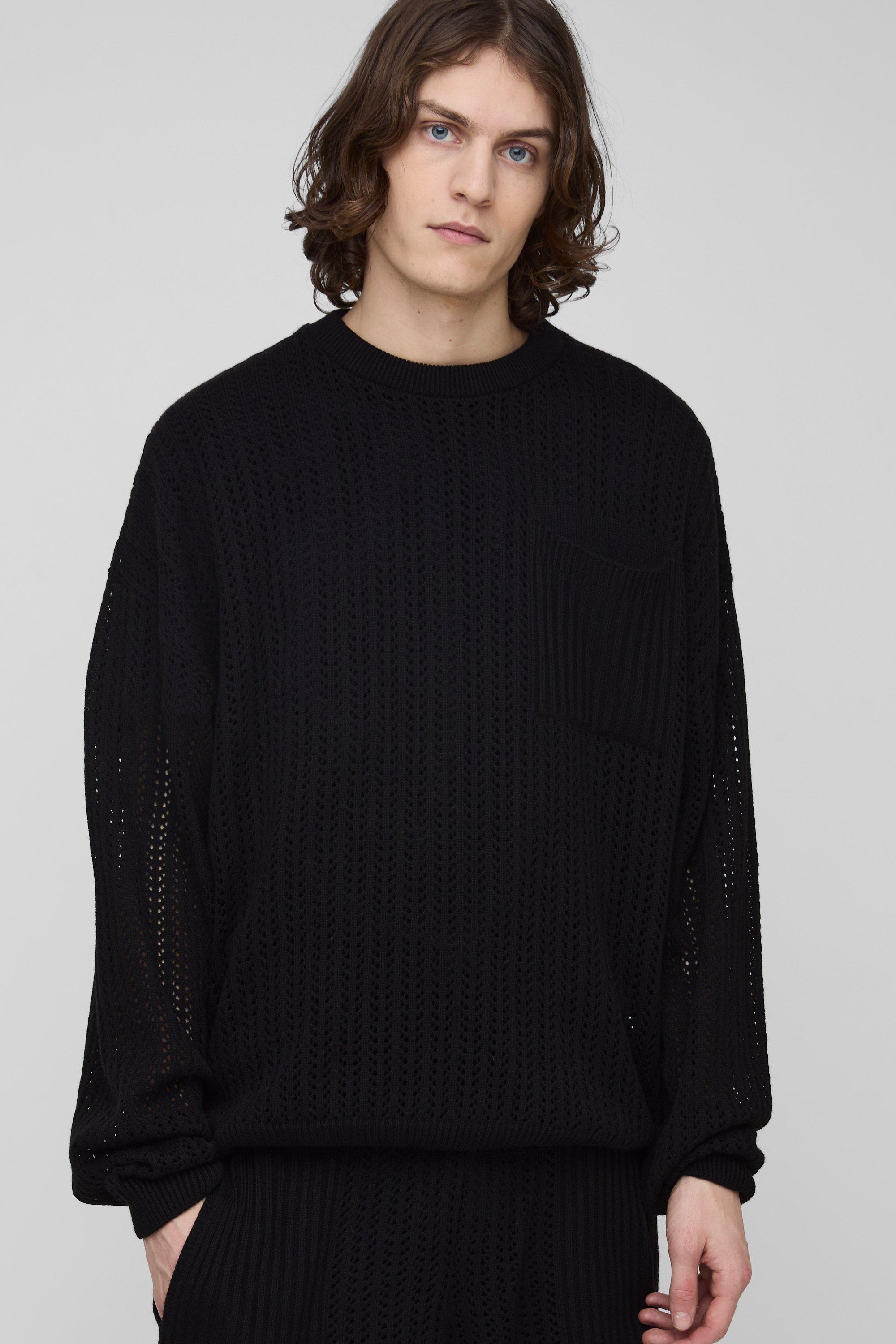 Image of Maglione a girocollo Tall oversize traforato, Nero