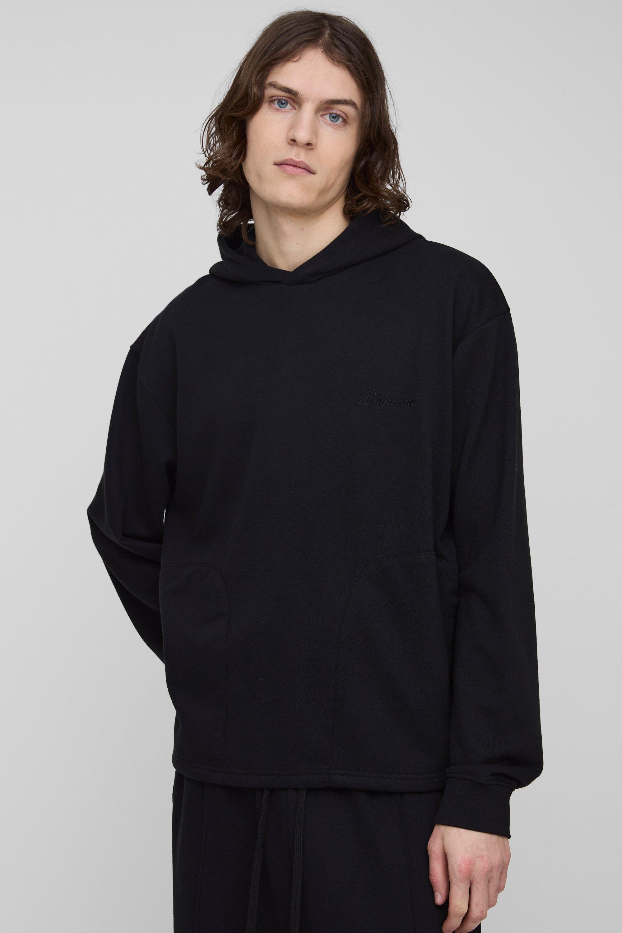 Mens Black Tall L'Homme Embroidered Welt Pocket Hoodie, Black