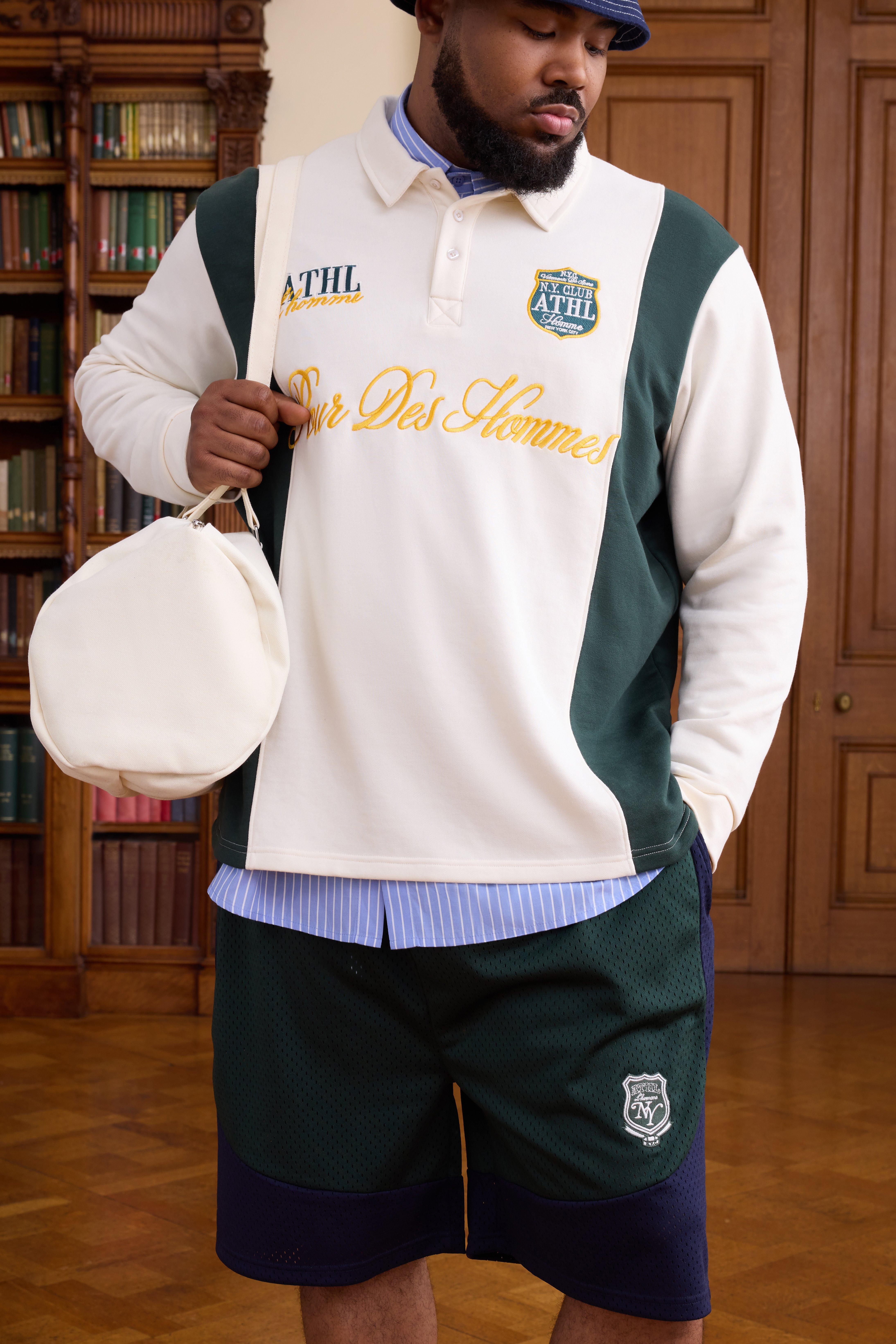 Mens Cream Plus Regular Fit Embroidered Varsity Rugby Polo, Cream