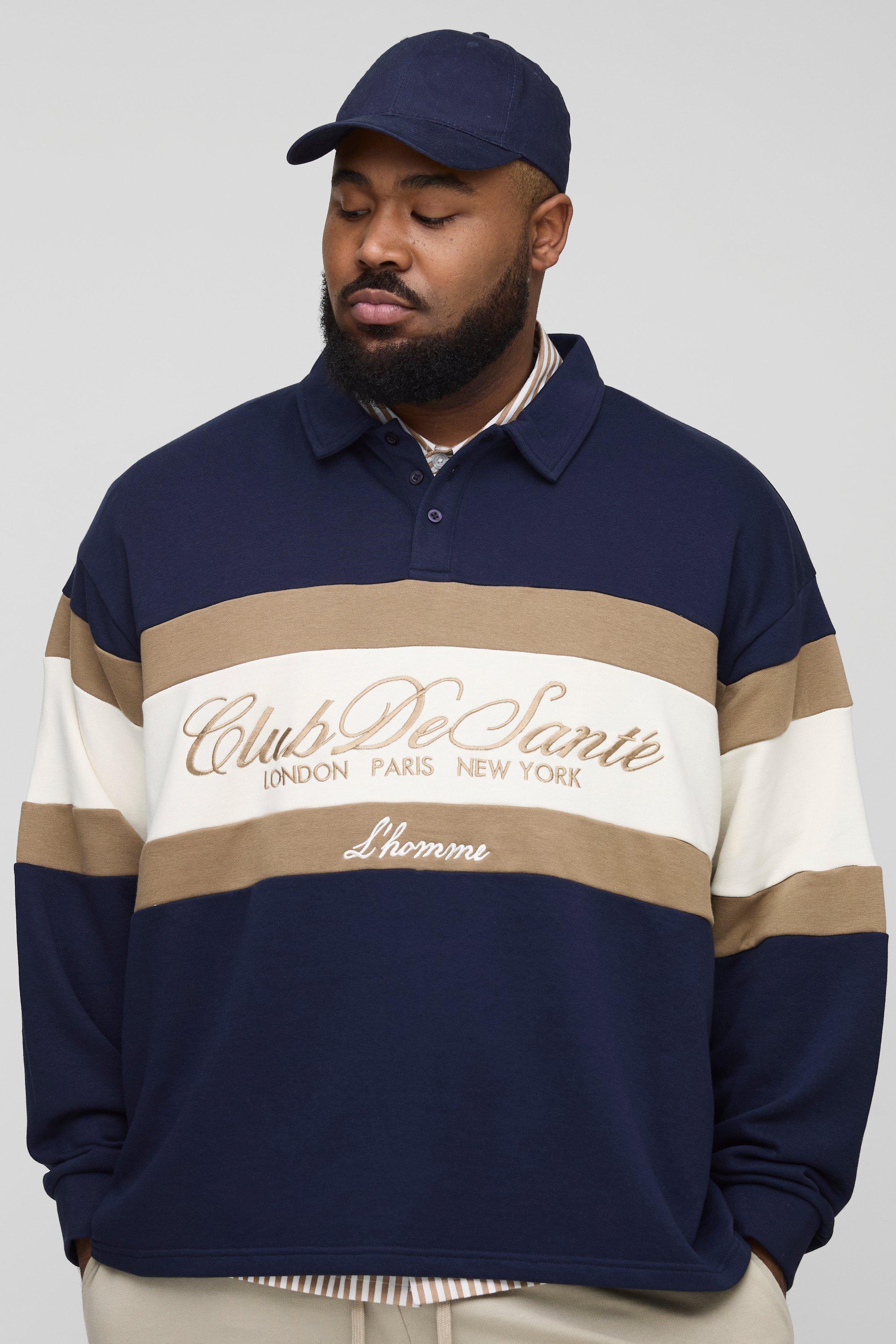 Mens Navy Plus Embroidered Oversized Varsity Rugby Polo, Navy