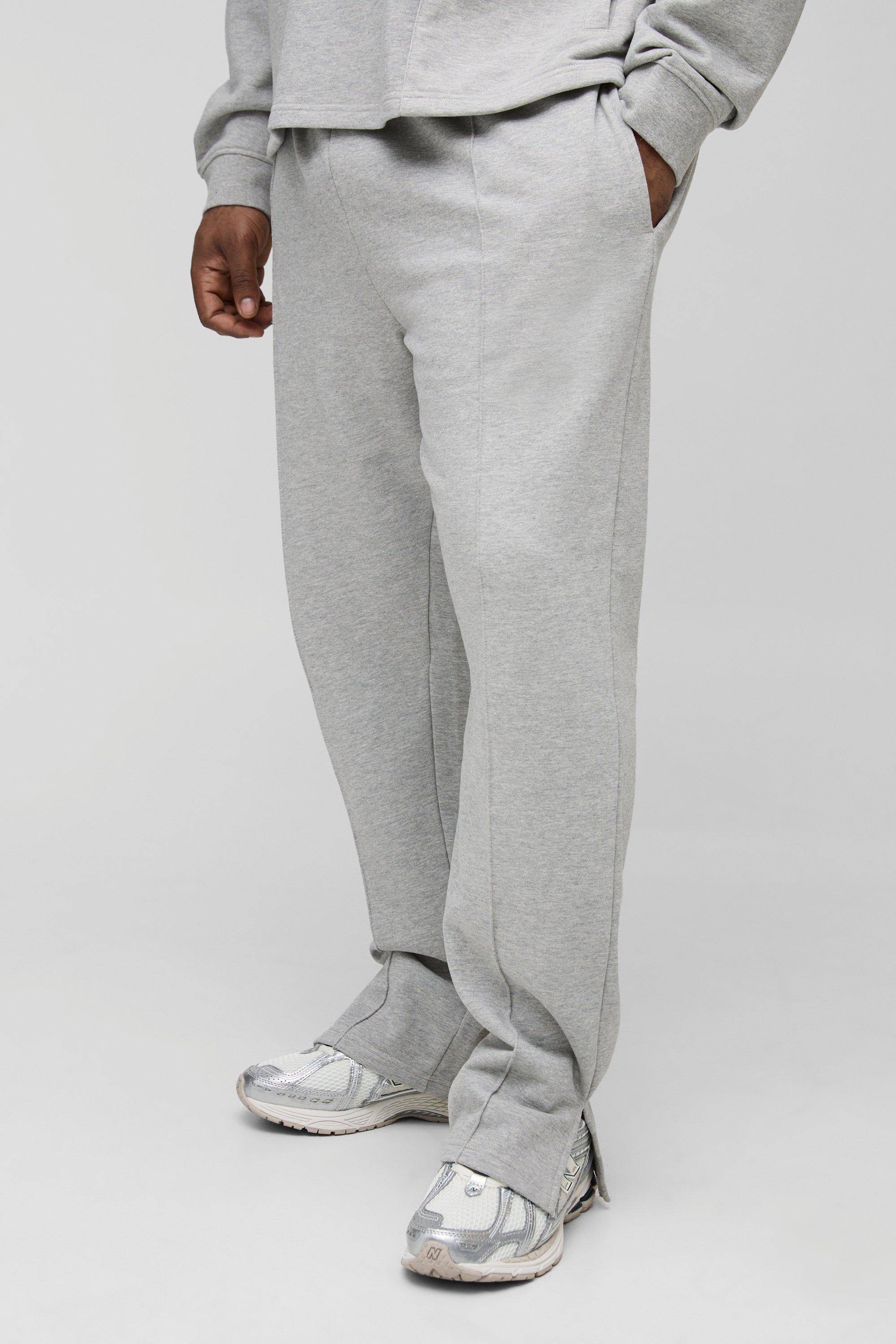 Mens Grey Plus Relaxed Fit Tonal Embroidered Split Hem Joggers, Grey