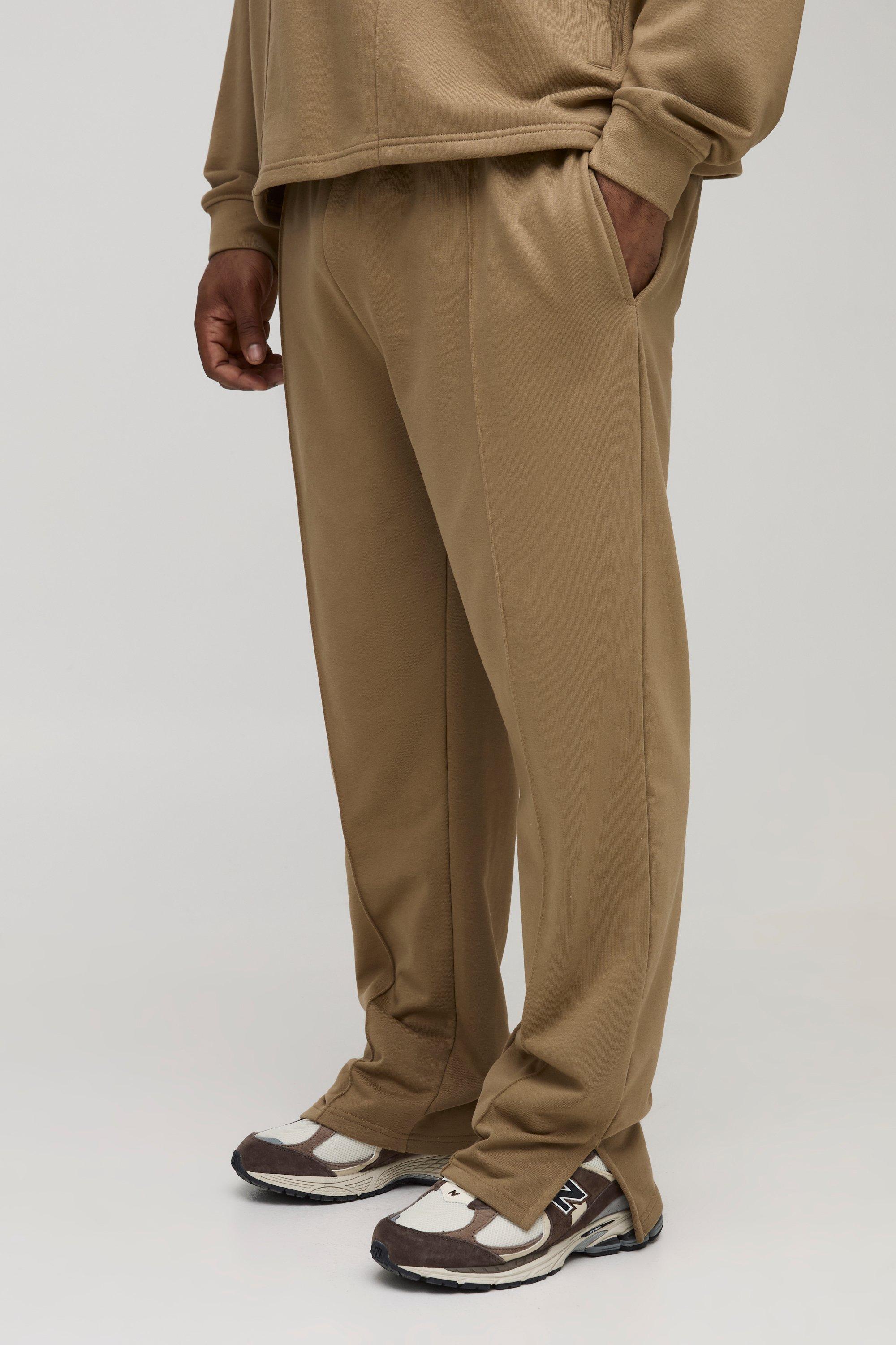 Mens Brown Plus Tonal Embroidered Split Hem Joggers, Brown