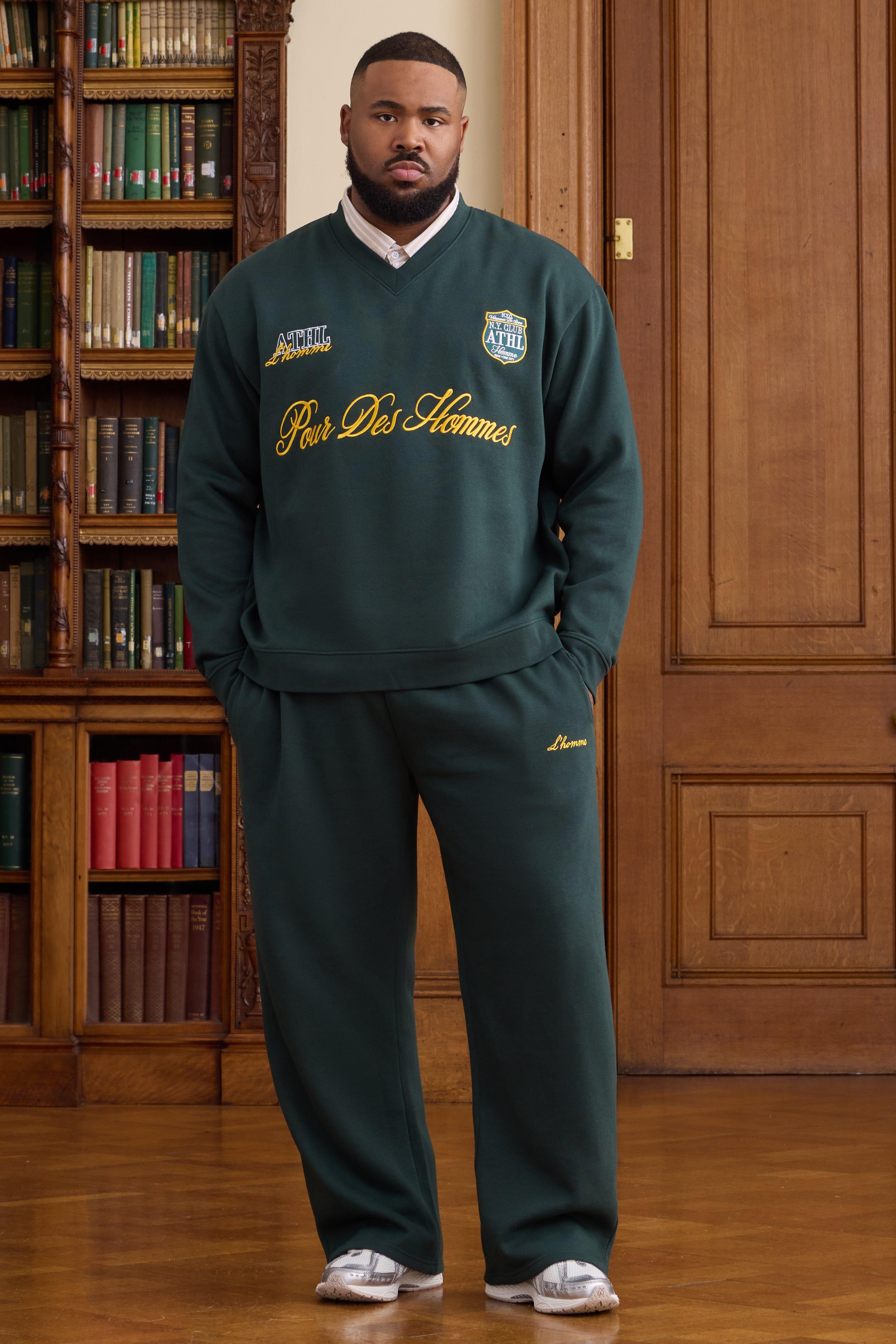 Mens Green Plus L'Homme Embroidered Oversized Sweat & Jogger Tracksuit, Green