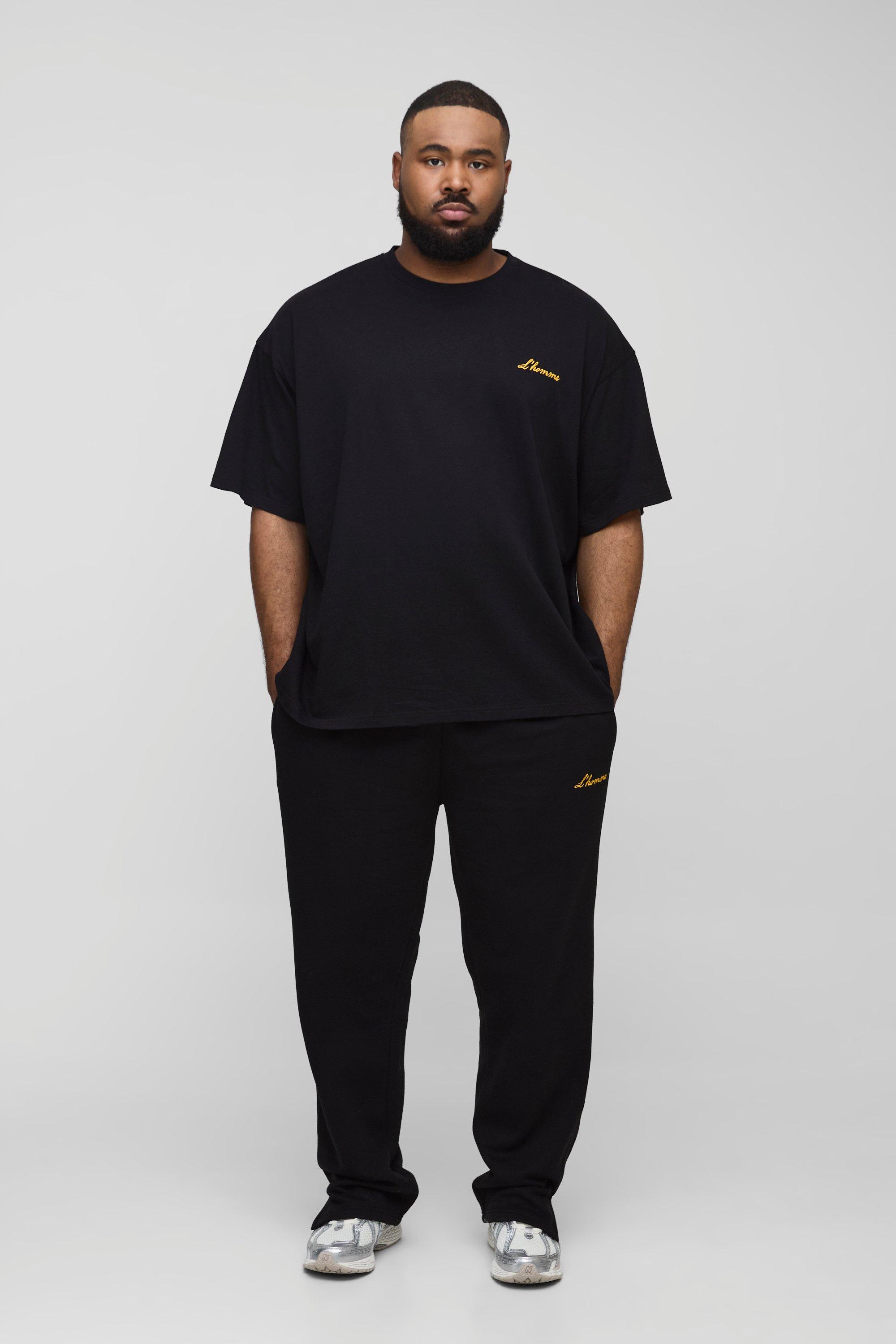 Mens Black Plus Regular Fit L'Homme Embroidered T-Shirt & Split Hem Jogger Tracksuit, Black
