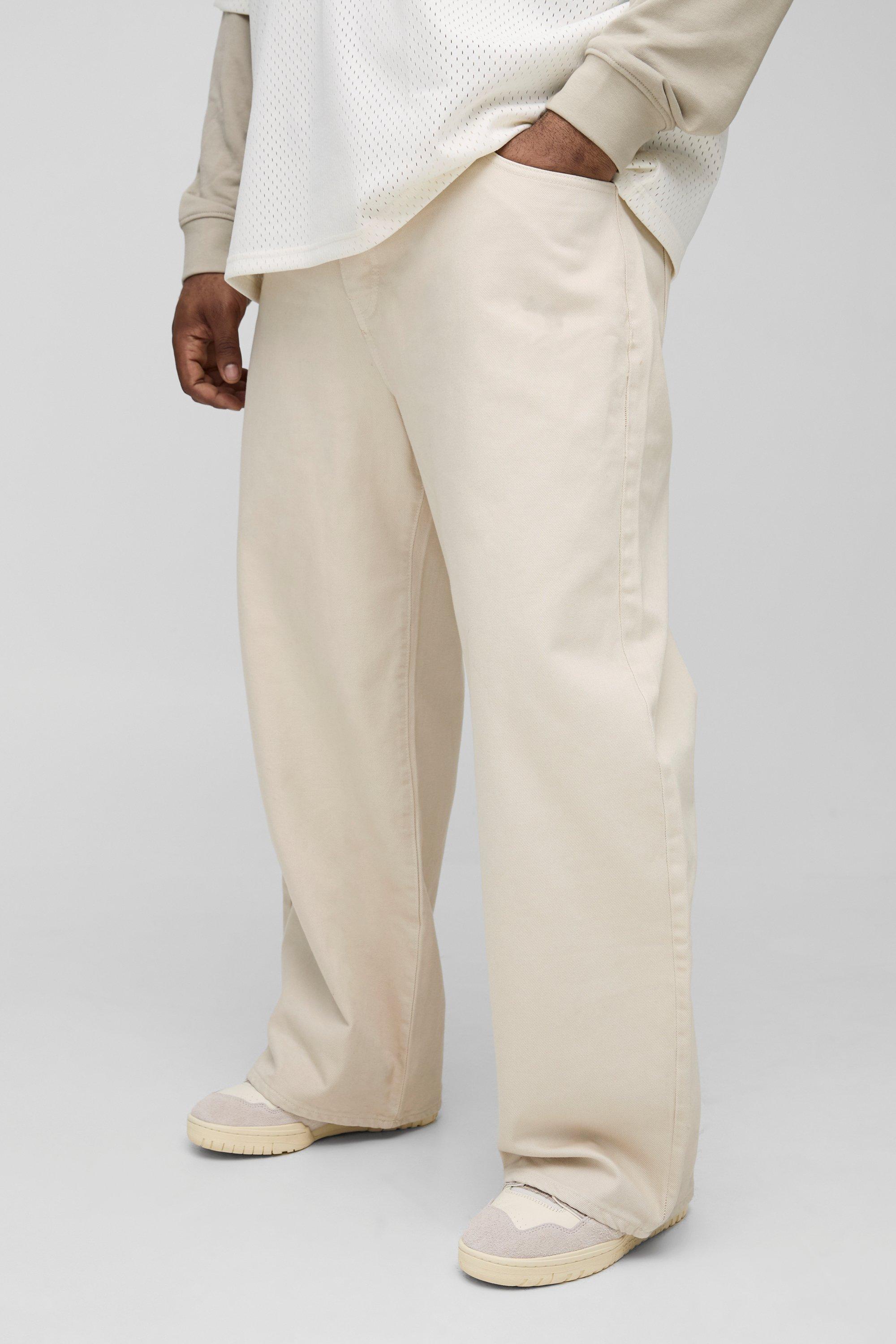 Mens Cream Plus Tonal Embroidered Relaxed Fit Jeans, Cream