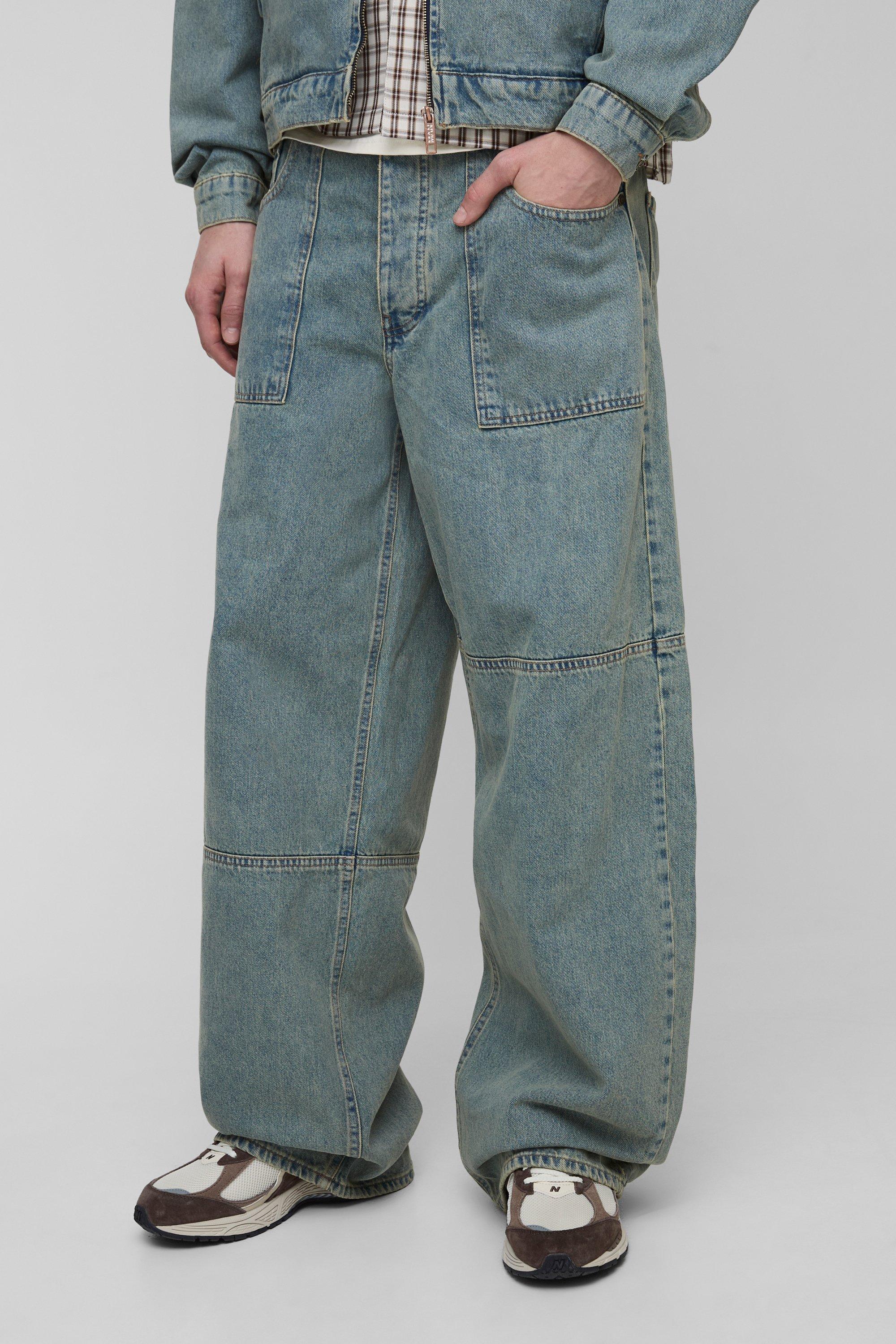 Mens Blue Tall Debossed Pocket Vintage Wash Baggy Jeans, Blue