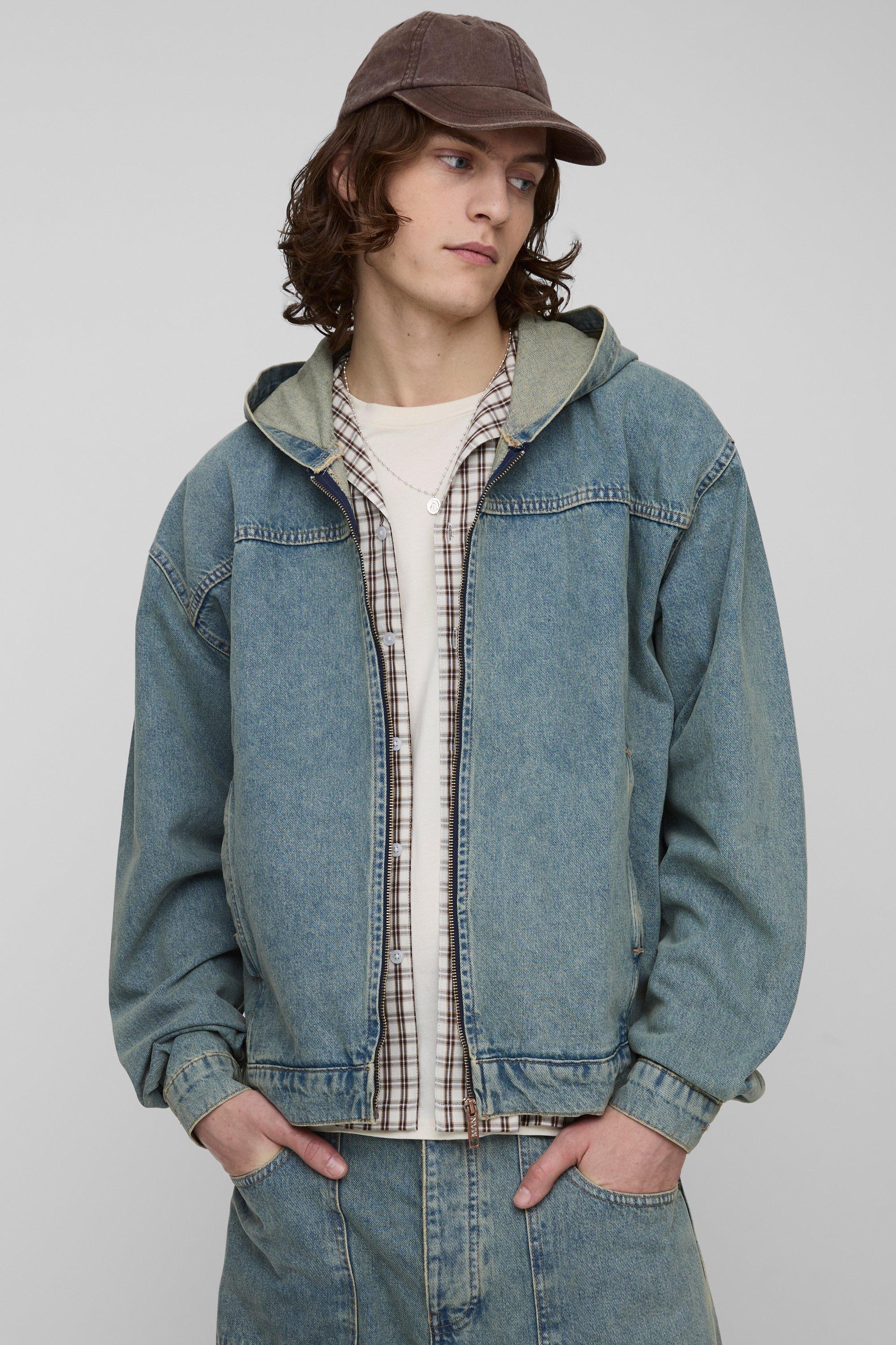 Mens Blue Tall Debossed Vintage Wash Boxy Denim Hoodie, Blue