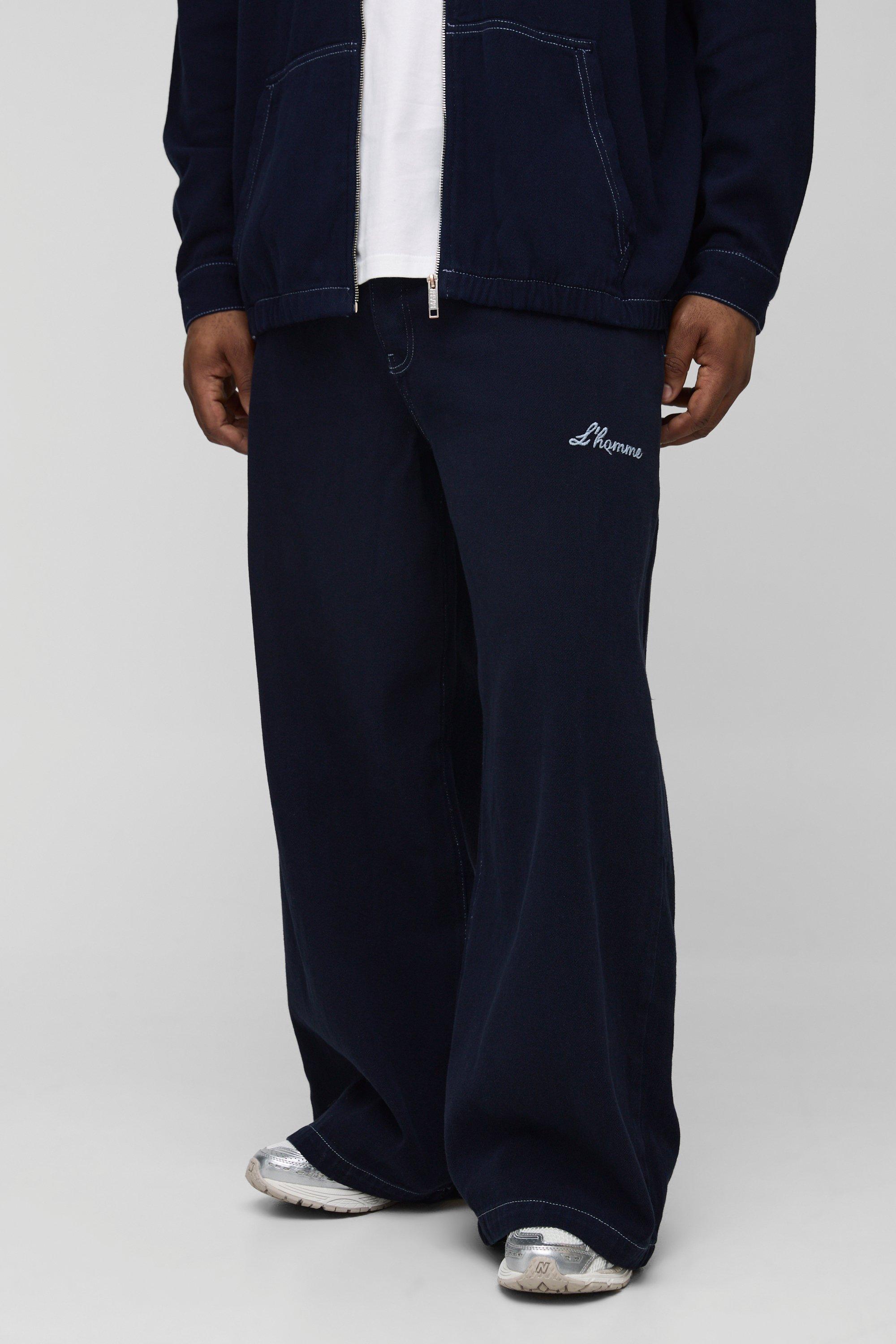 Mens Navy Plus L'Homme Contrast Stitch Baggy Trousers, Navy
