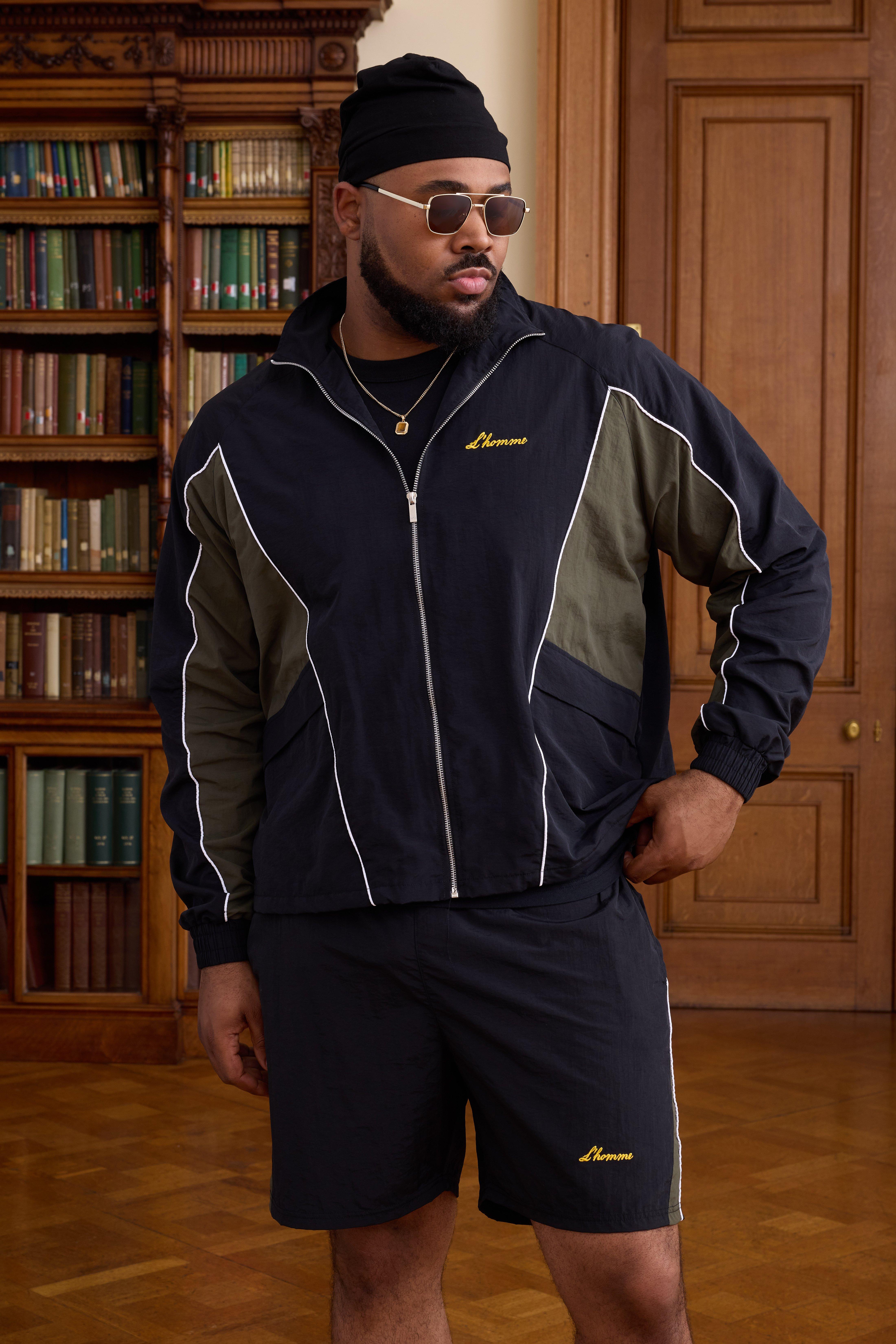 Mens Black Plus Crinkle Nylon Panelled Regular Track Jacket, Black