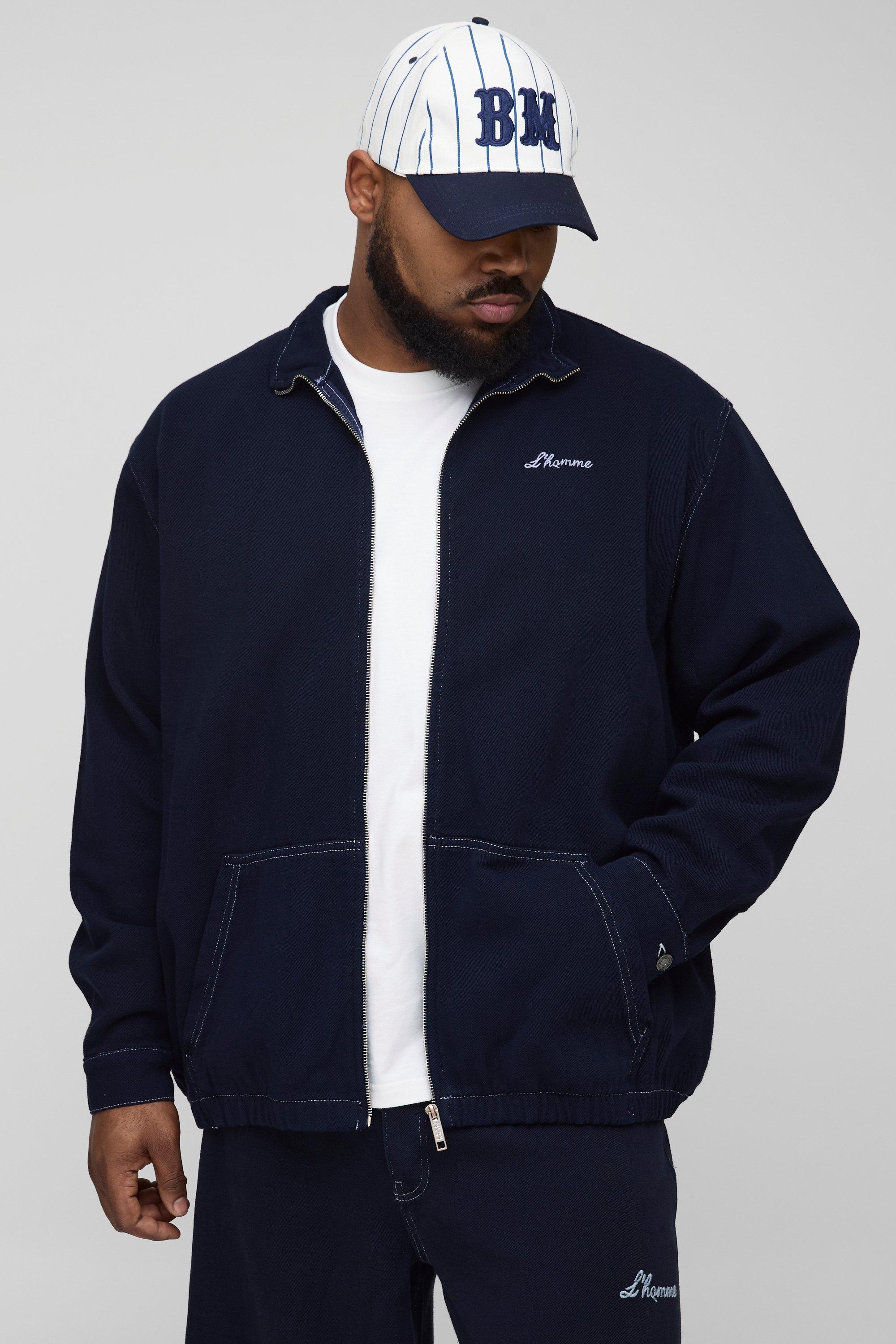 Mens Navy Plus L'Homme Contrast Stitch Twill Oversized Track Jacket, Navy