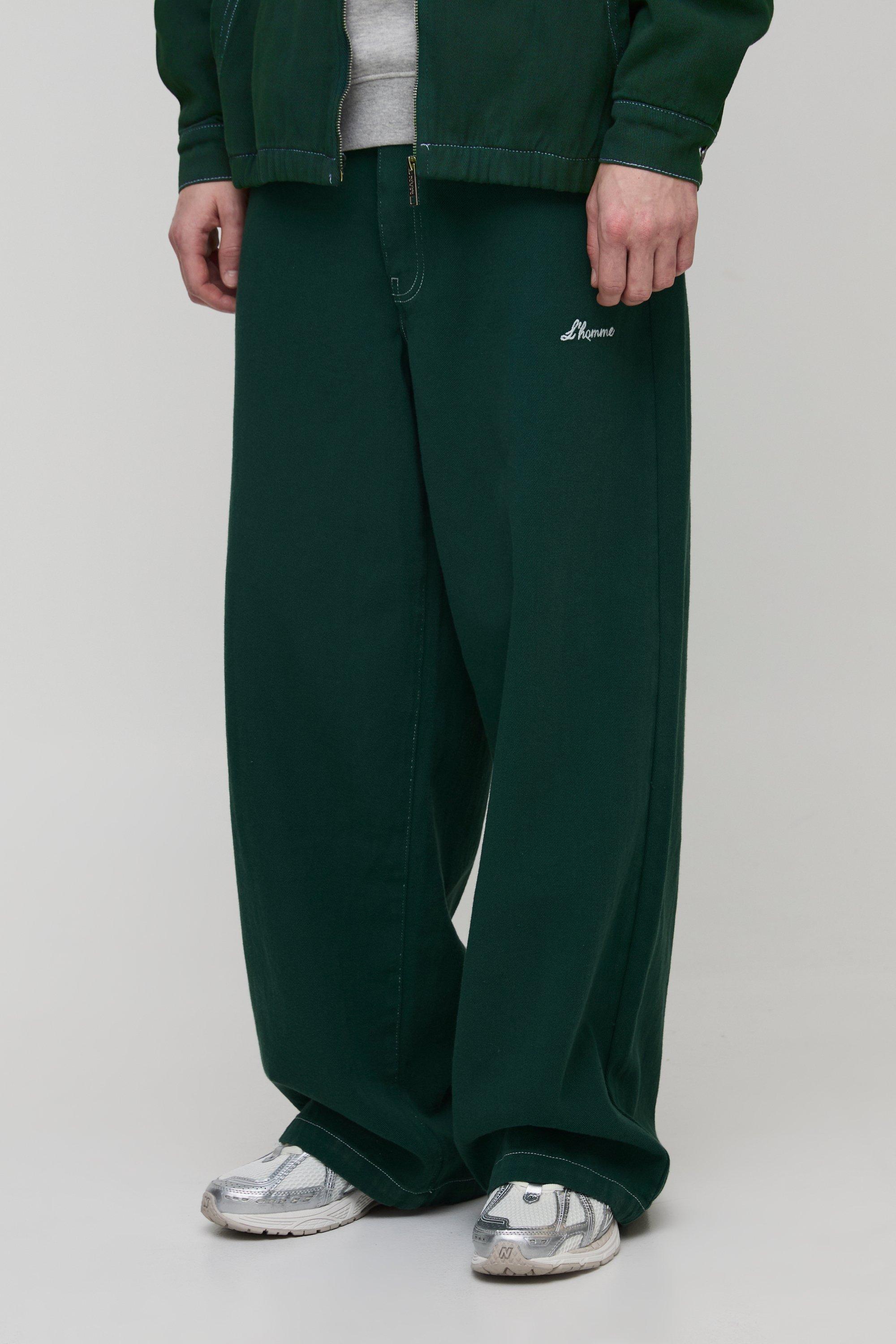 Mens Green Tall L'Homme Contrast Stitch Baggy Trousers, Green