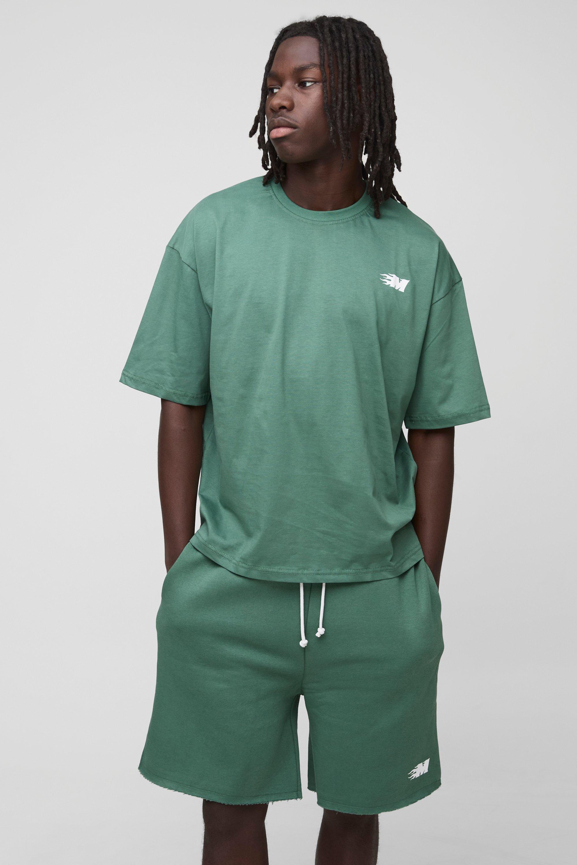 Mens Green Oversized Boxy M Flame T-Shirt & Drop Crotch Short Set, Green