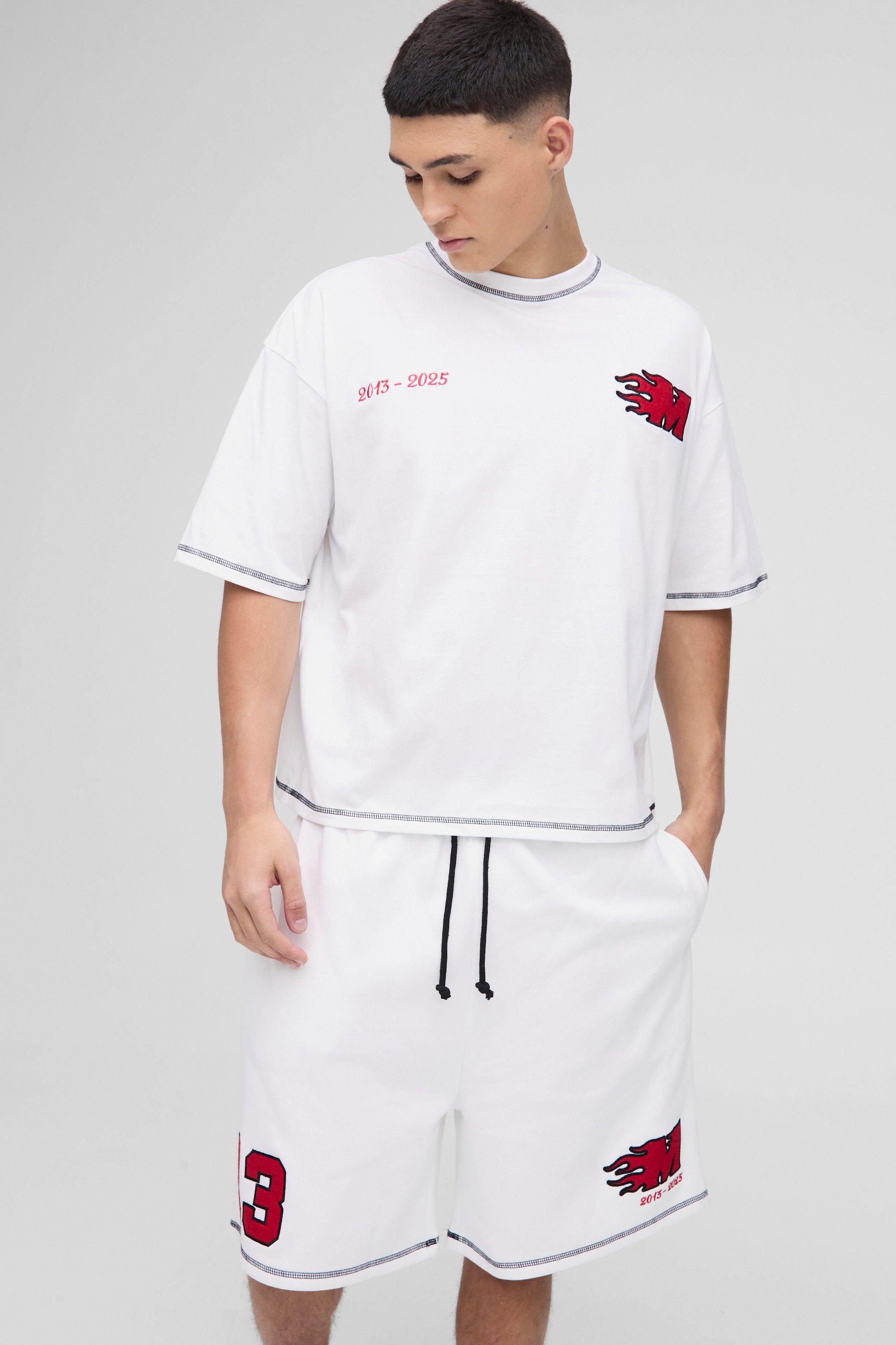 Mens White Oversized Boxy Applique Drop Crotch T-Shirt & Short Set, White