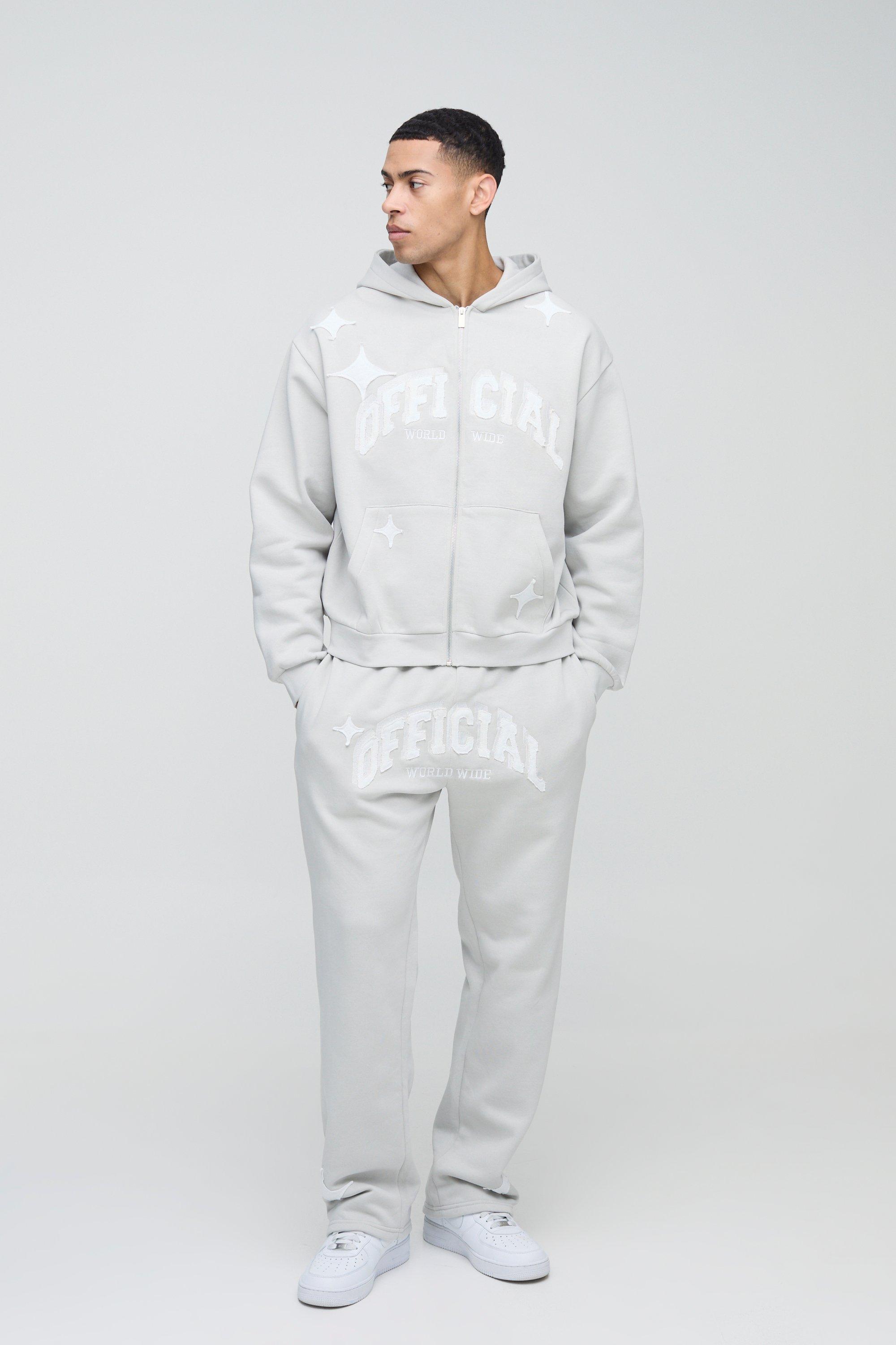 Mens Grey Oversized Boxy Official Applique Zip hooded Tracksuit, Grey