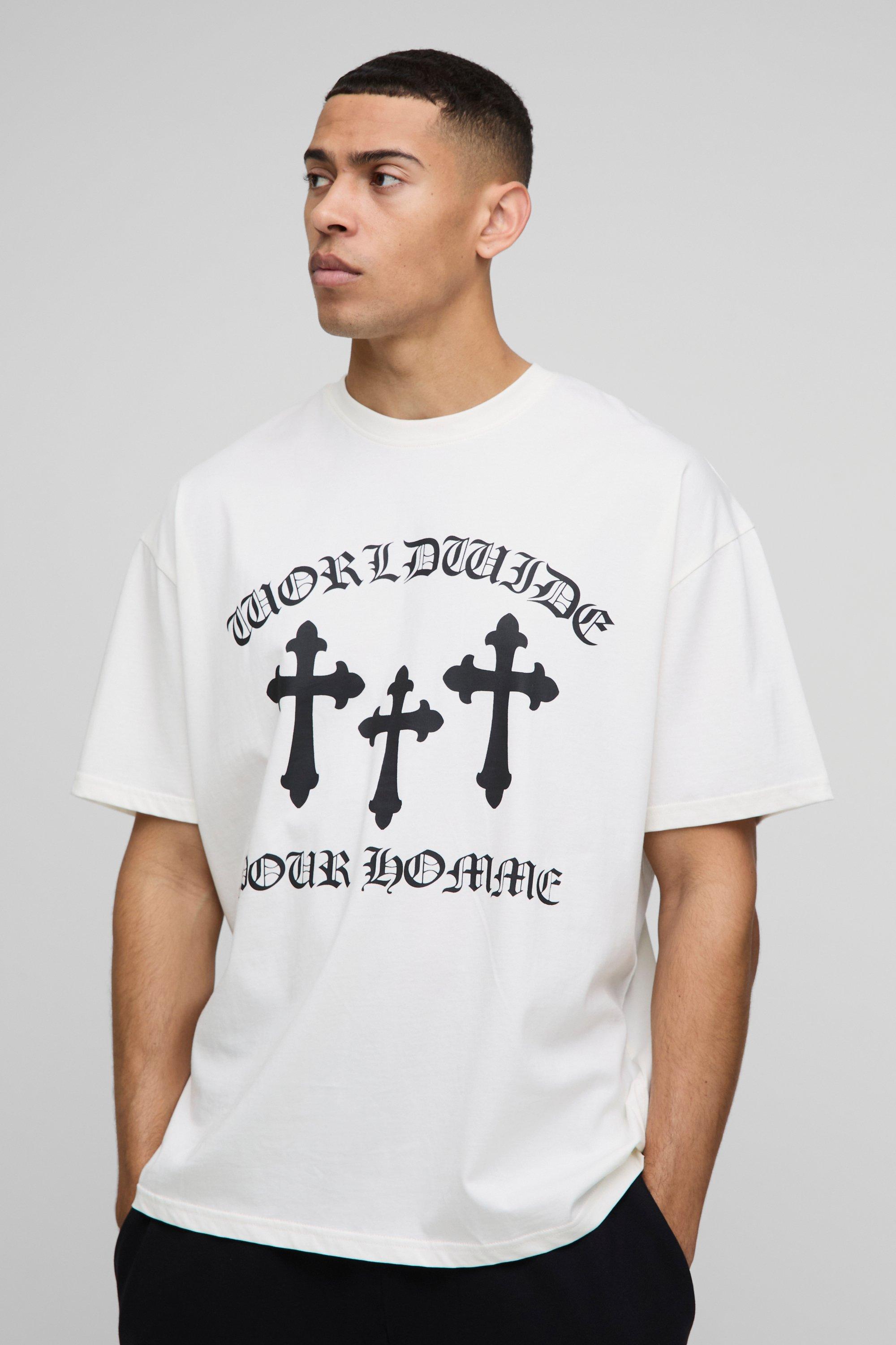 Mens White Oversized Worldwide Cross Printed T-Shirt, White