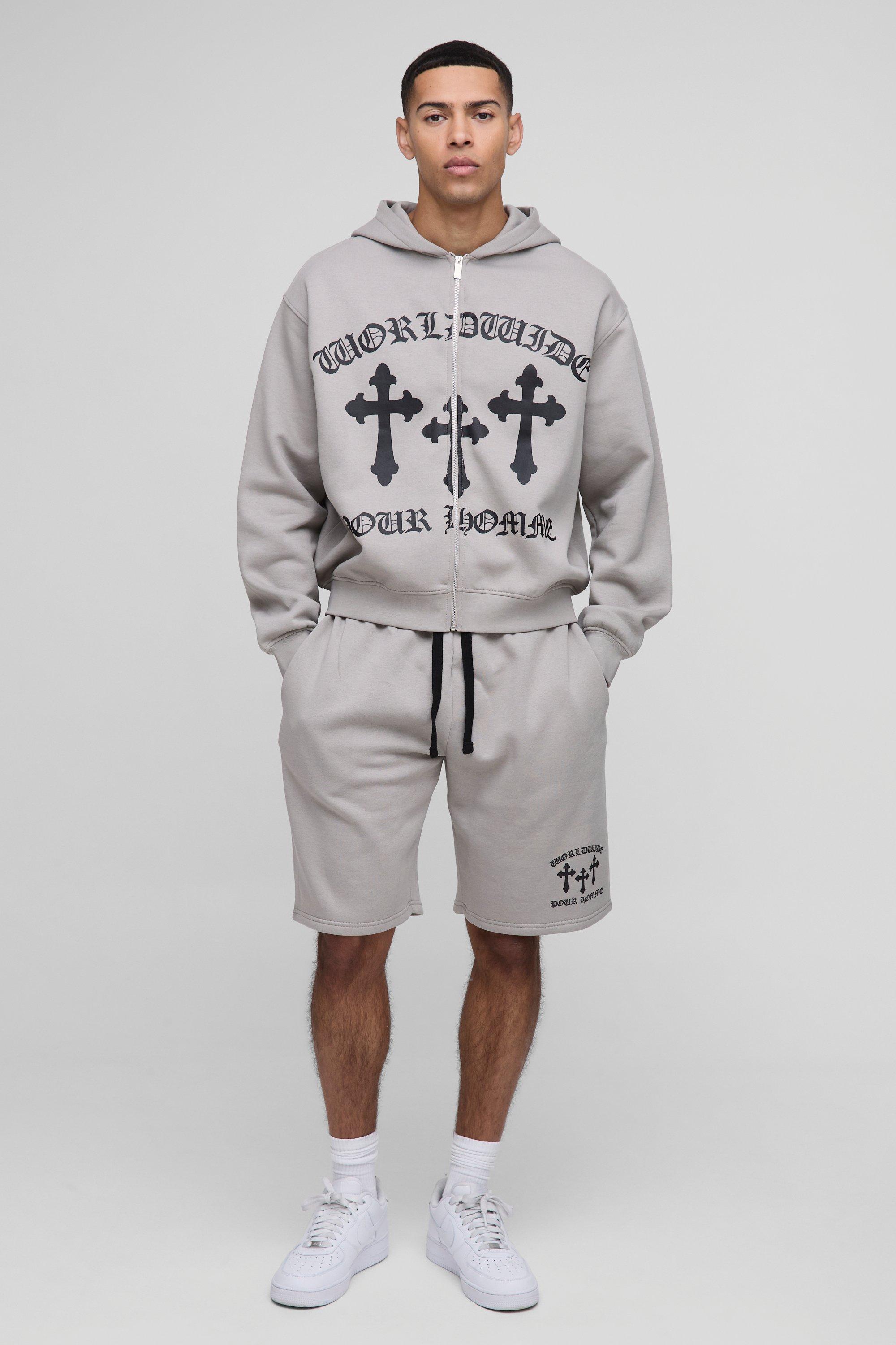 Mens Beige Oversized Worldwide Cross Zip Hooded Short Tracksuit, Beige