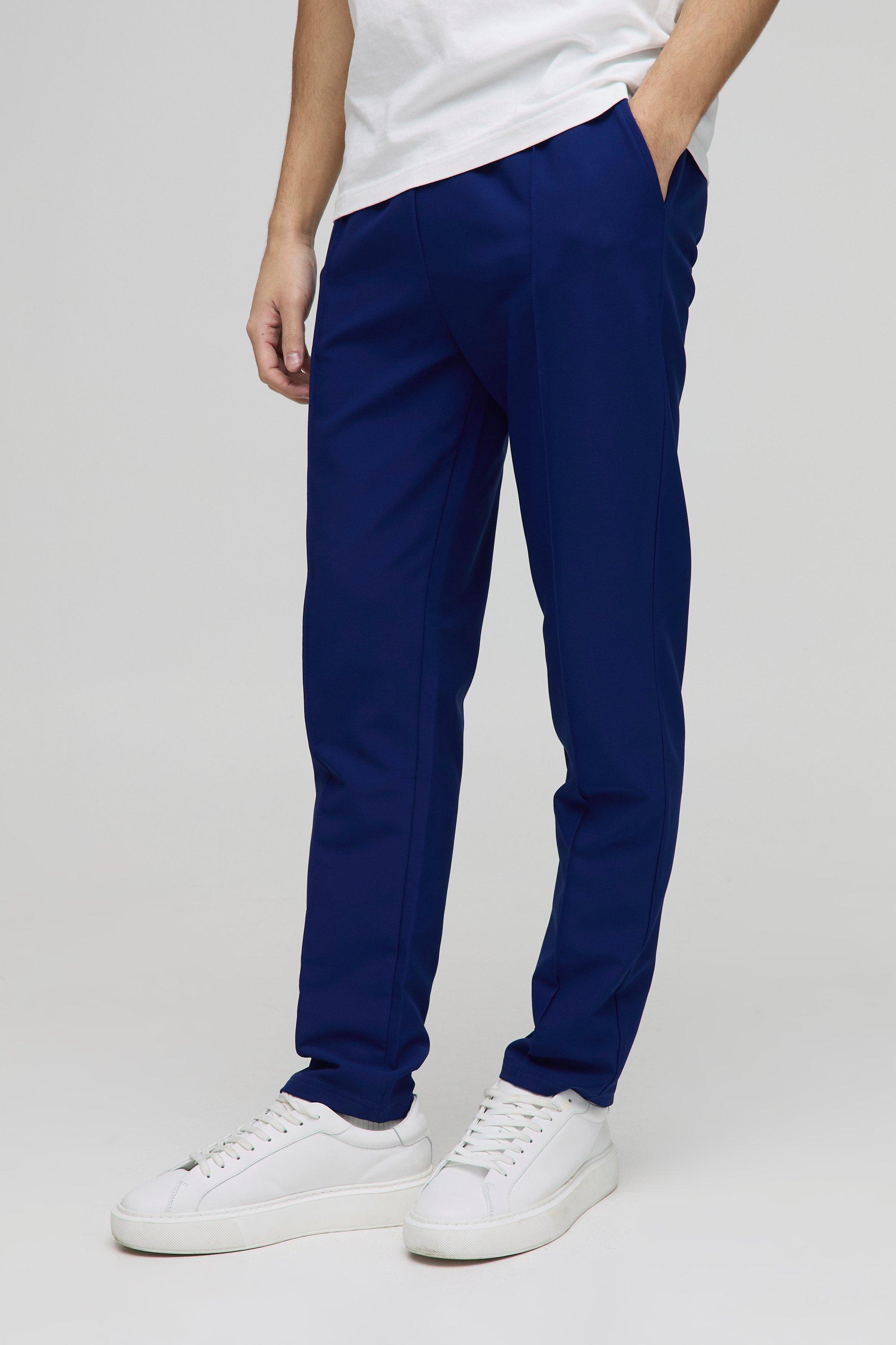Mens Navy Elasticated Waist Slim Cropped Technical Stretch Pintuck Trousers, Navy