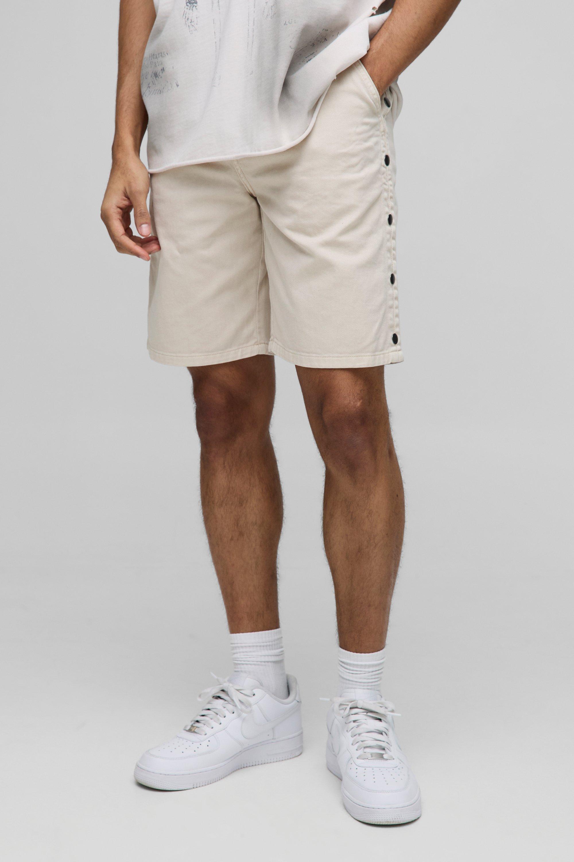 Mens Beige Relaxed Fit Overdyed Twill Popper Hem Shorts, Beige
